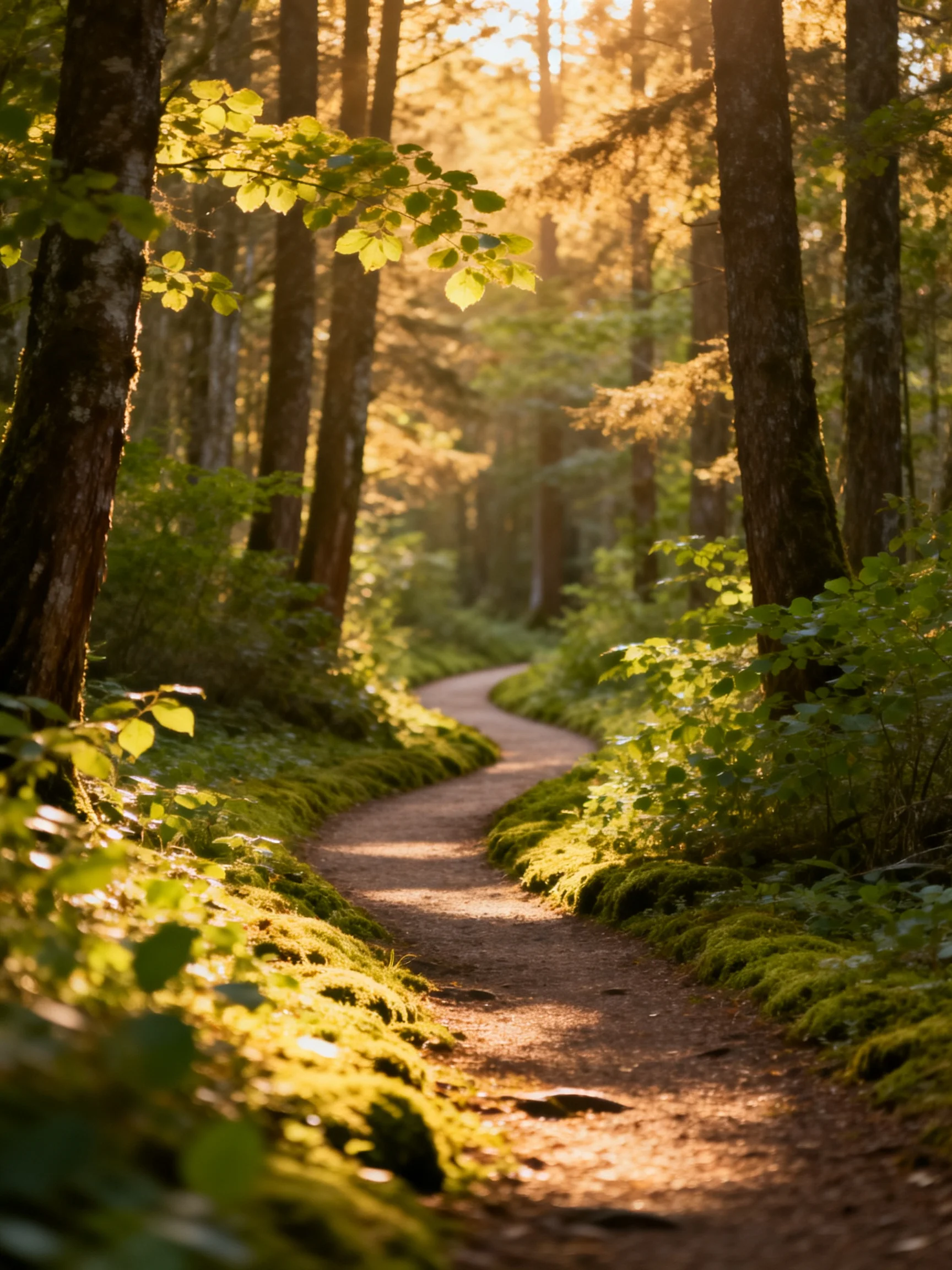 A winding forest path lined with moss and bathed in golden sunlight