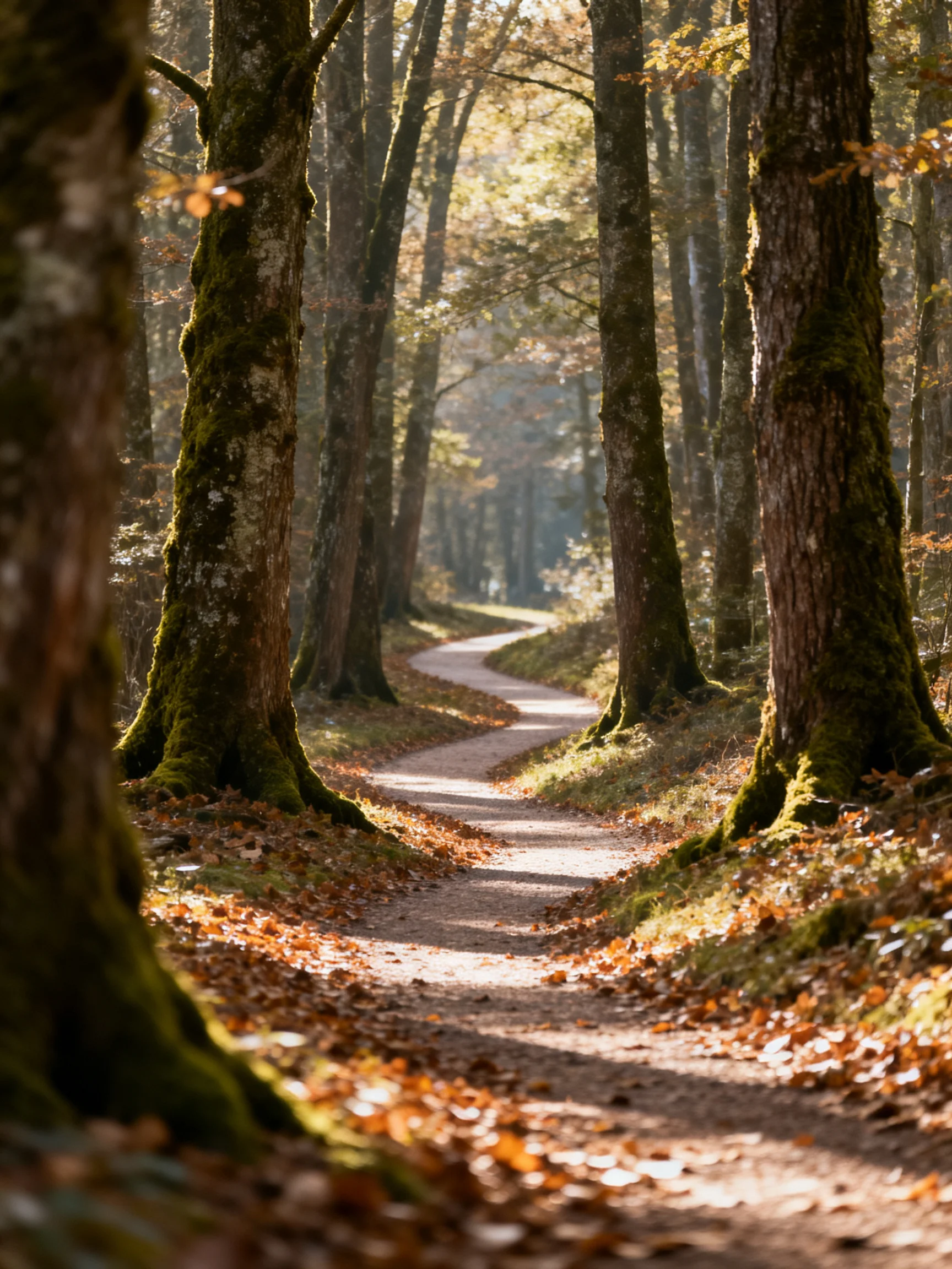 A winding forest path lined with moss-covered trees and autumn foliage