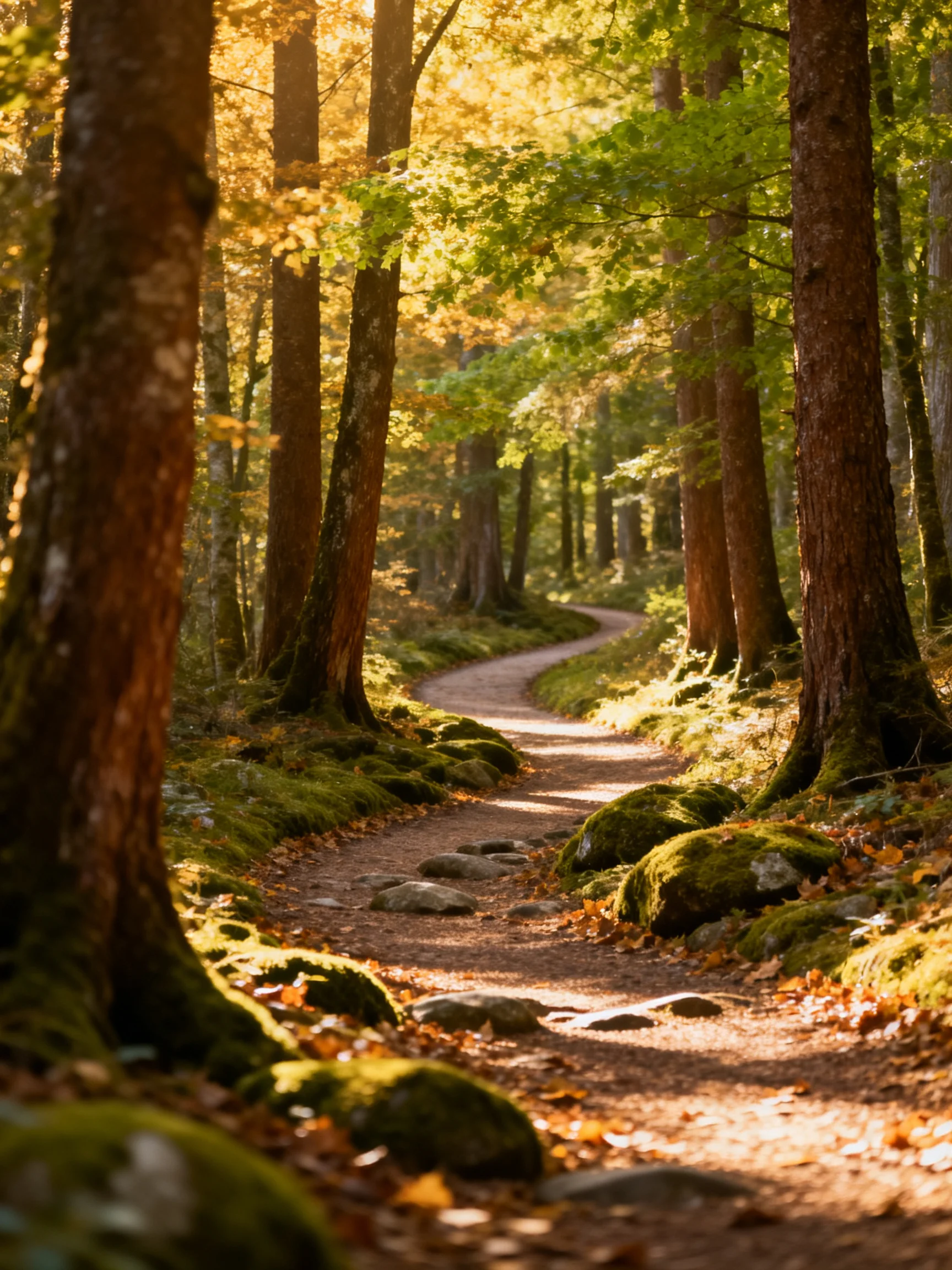 A winding forest path lined with tall brown trees and green moss