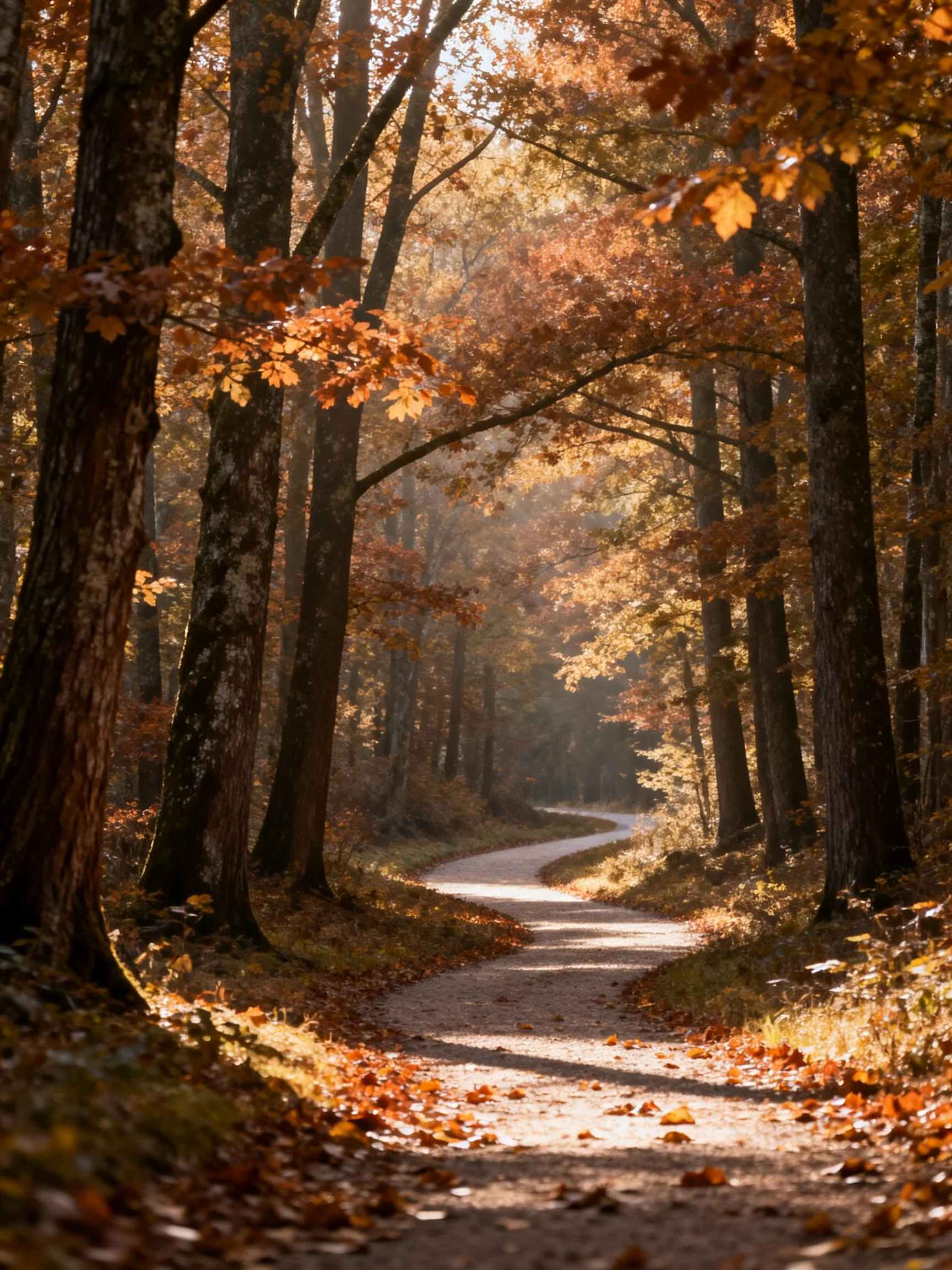 A winding forest path lined with tall trees in golden autumn hues