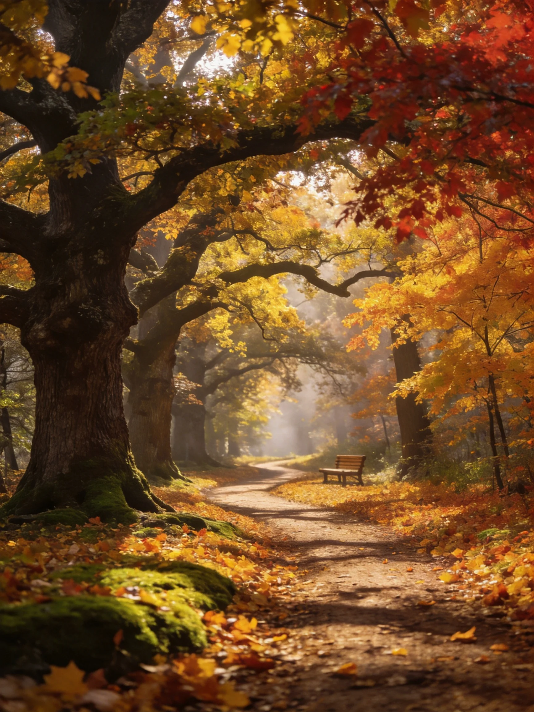 A winding forest path lined with vibrant fall foliage
