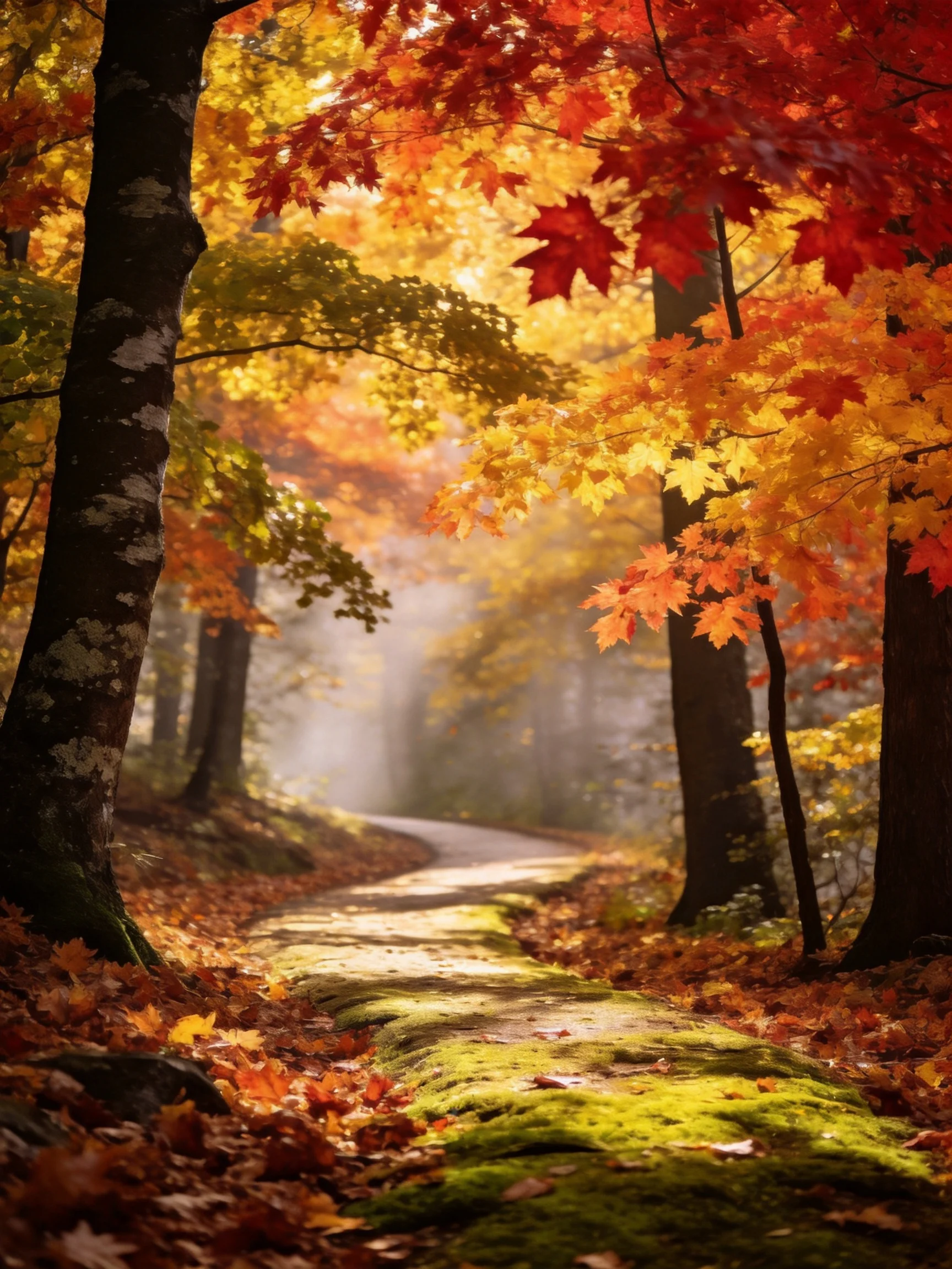 A winding forest path lined with vibrant fall foliage