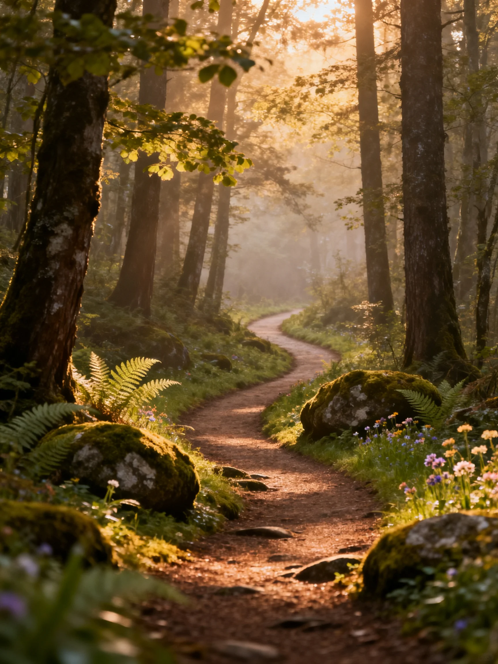 A winding forest path surrounded by tall trees and moss-covered rocks