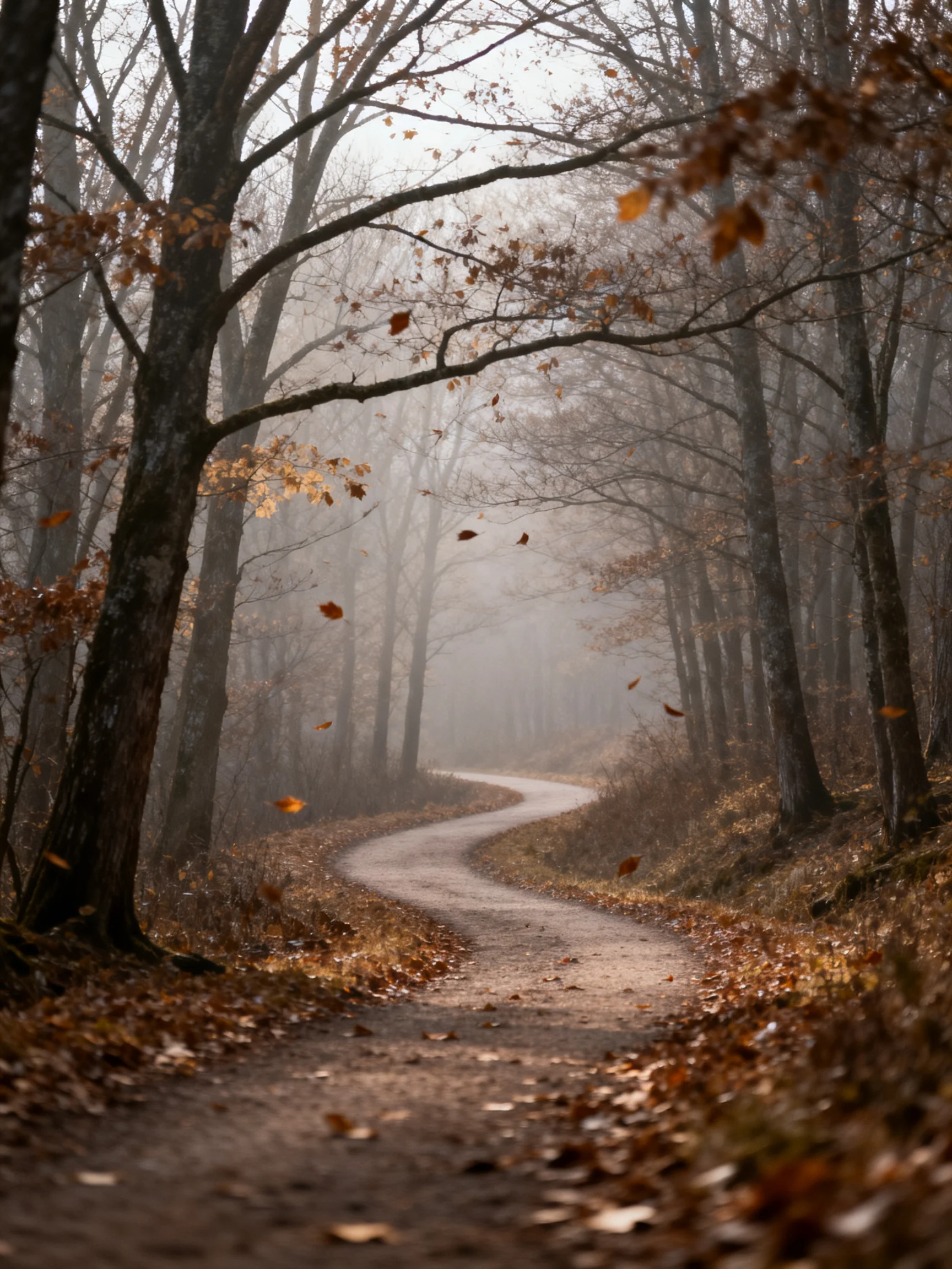 A winding forest path through tall trees in autumn fog
