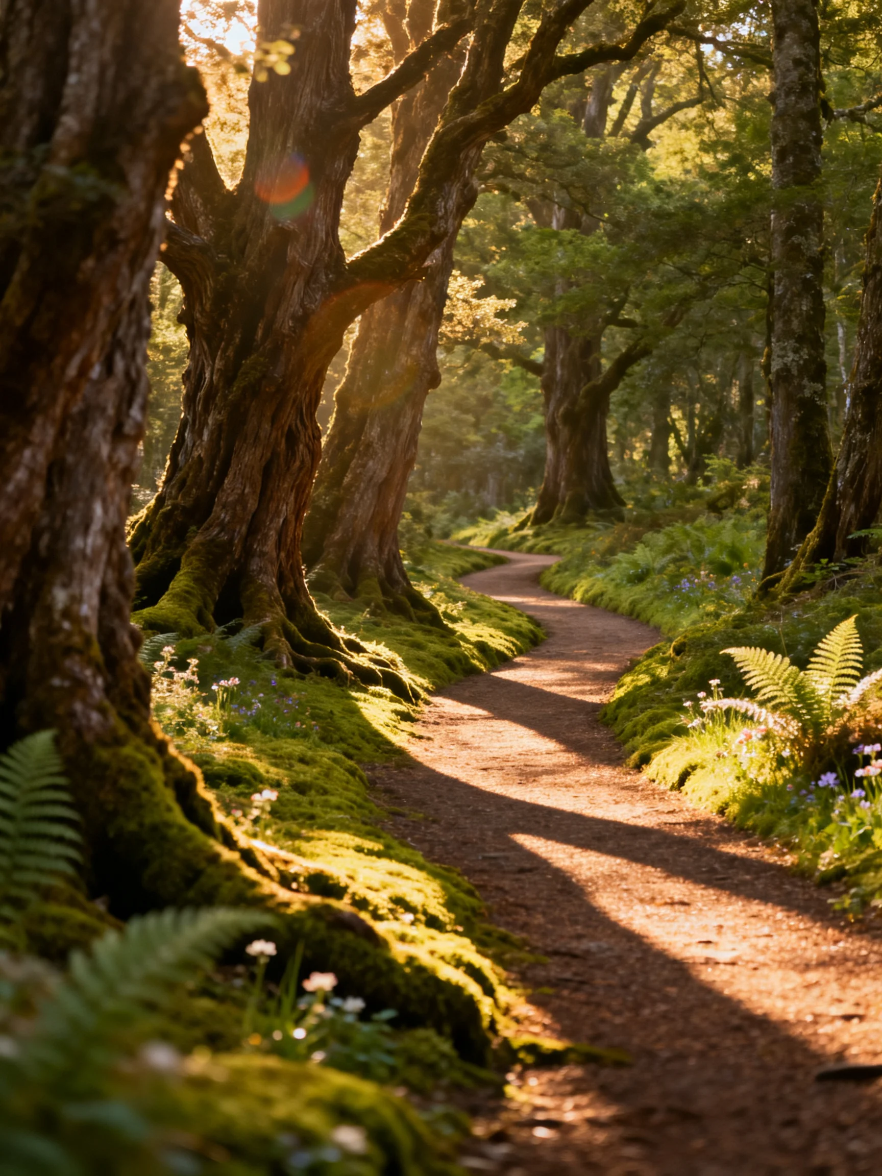 A winding forest path winds through ancient trees in a sunlit woodland