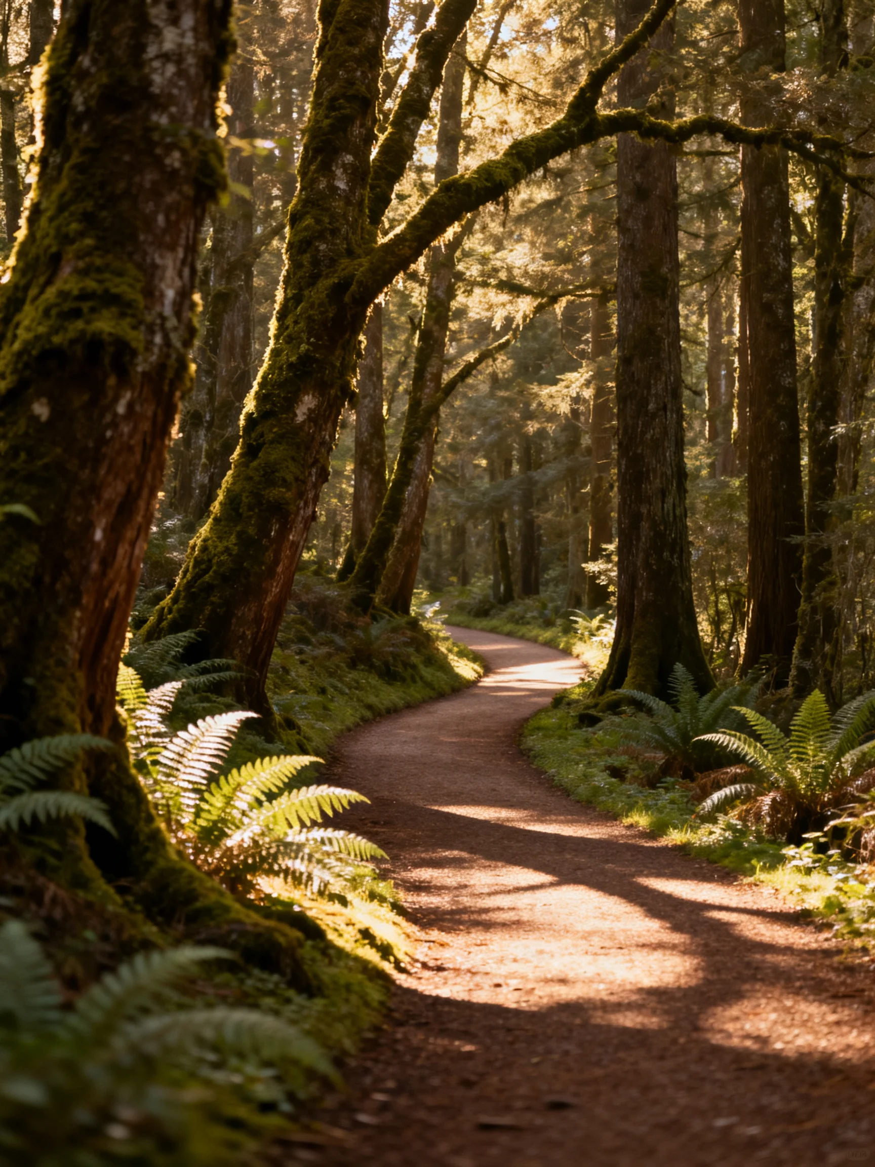 A winding forest path winds through mossy trees under dappled sunlight
