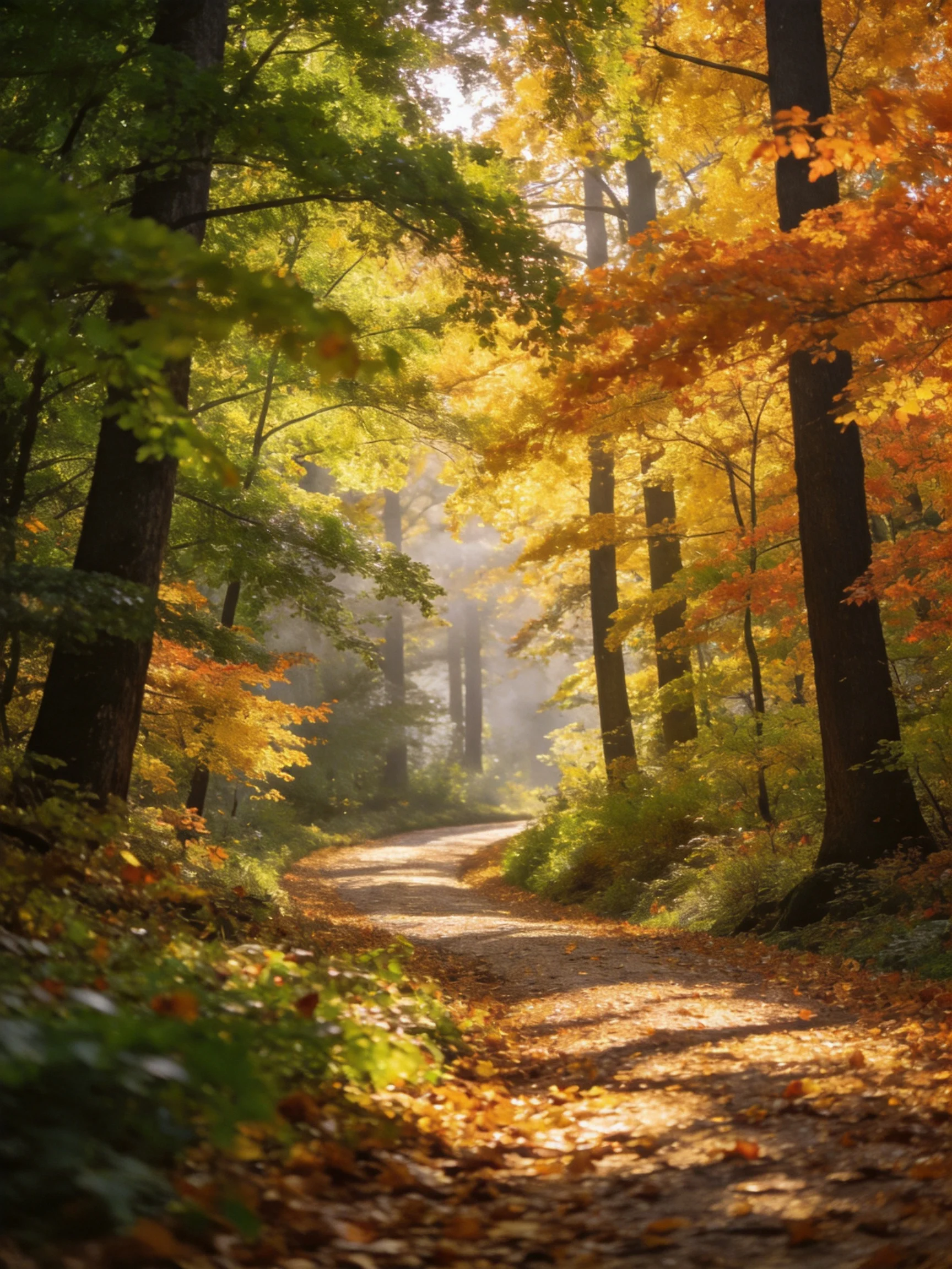 A winding forest path winds through trees with golden and green foliage