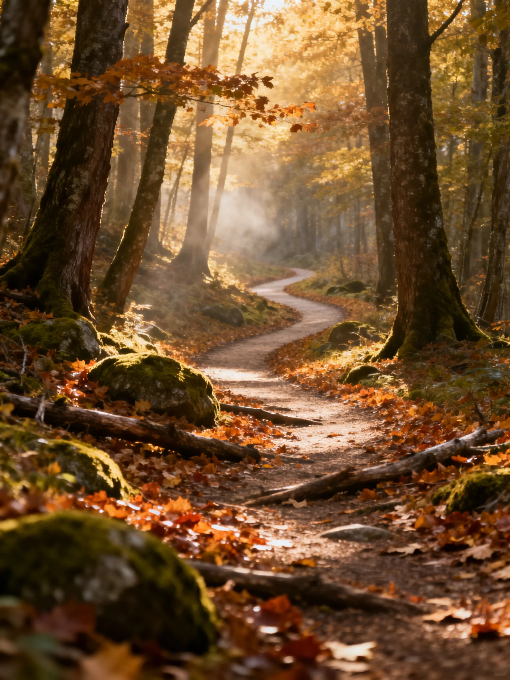 A winding forest path with golden autumn leaves and tall trees