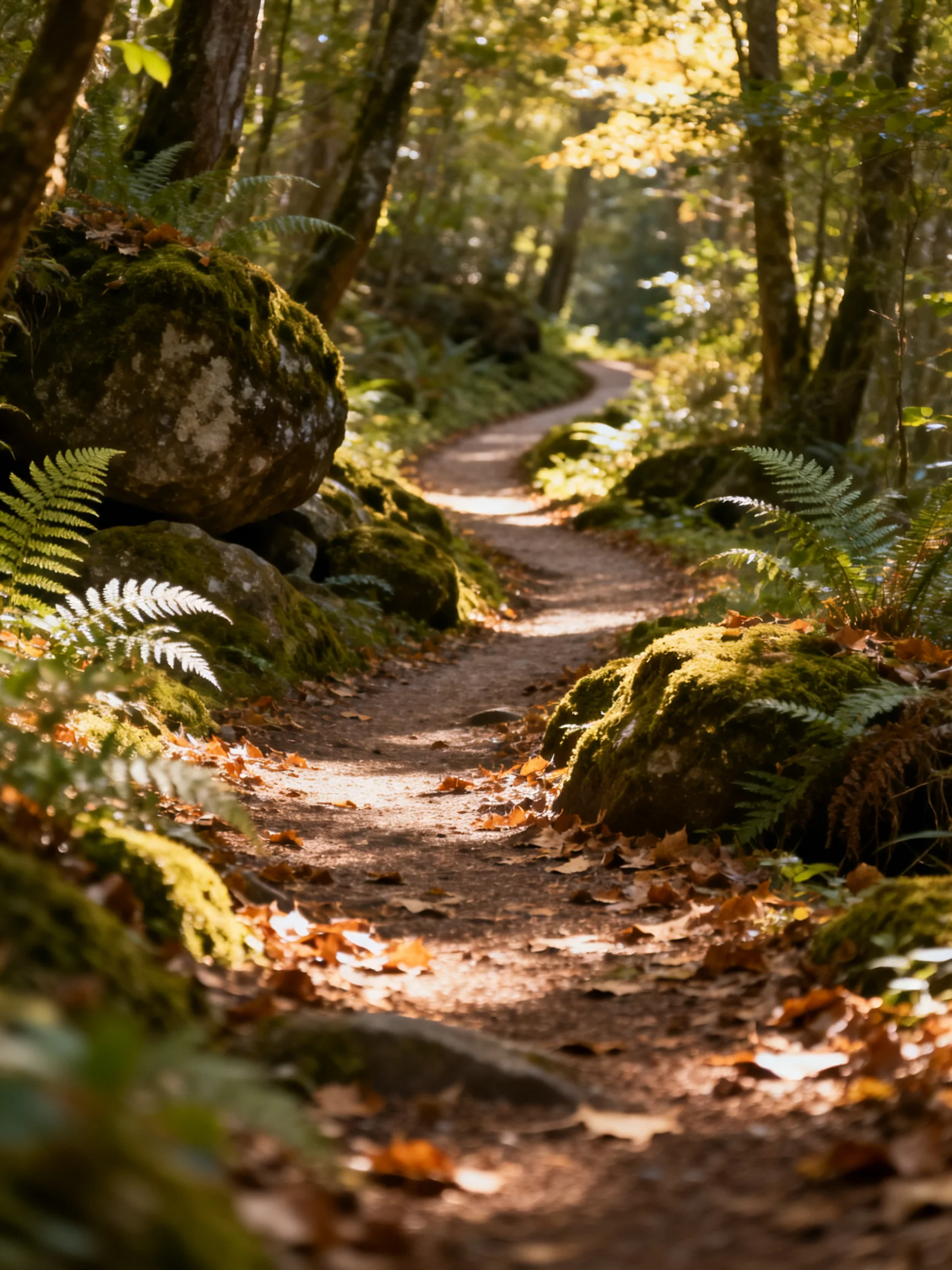 A winding forest path with moss-covered boulders and golden light
