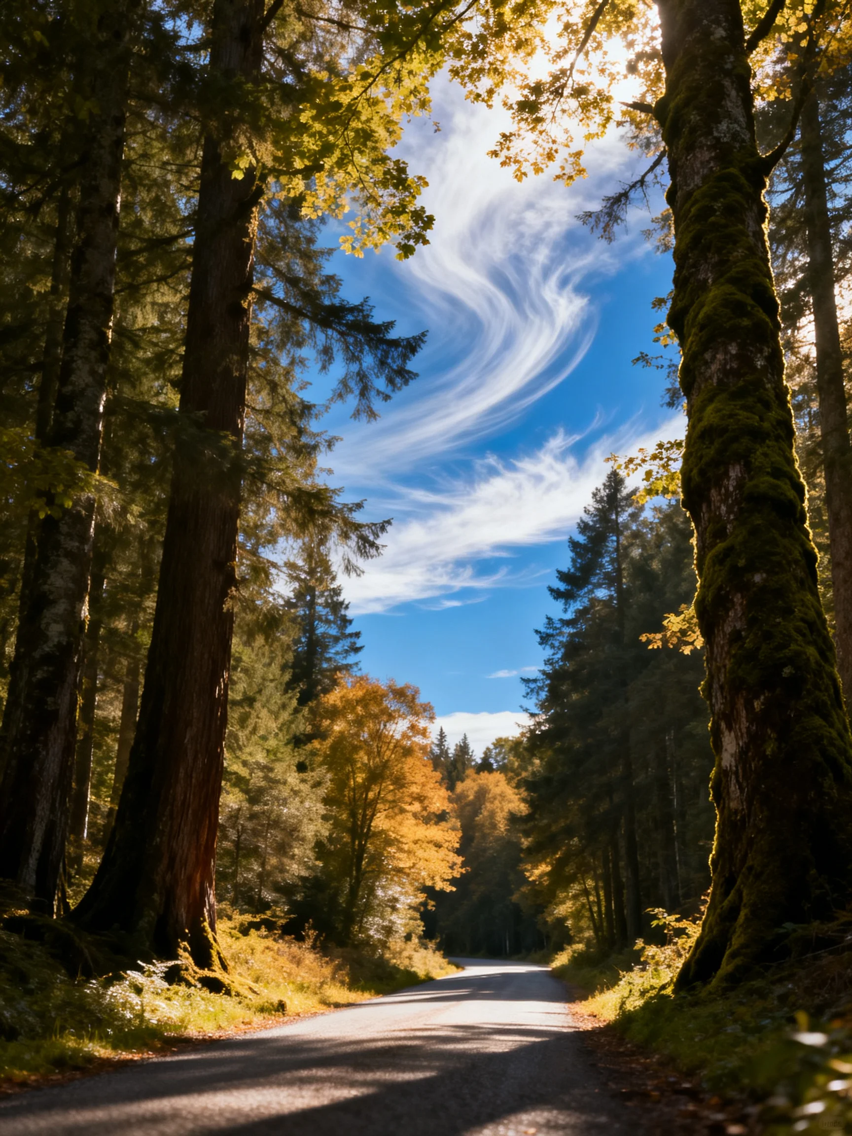 A winding forest path with towering evergreens and golden-leaved trees
