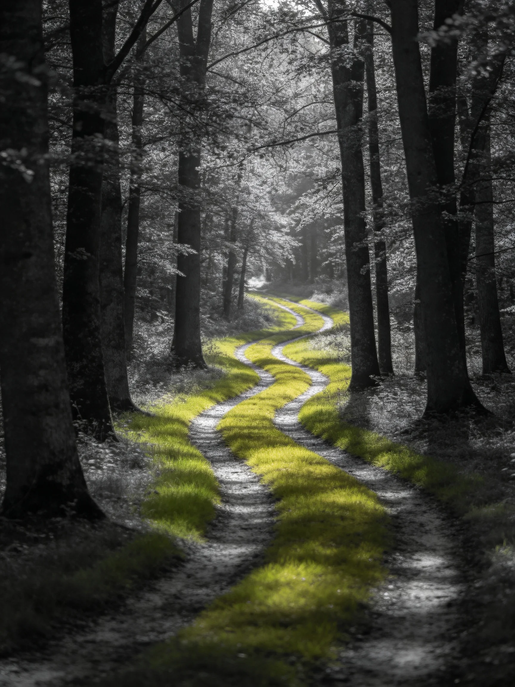 A winding forest path with vibrant green moss and tall dark trees