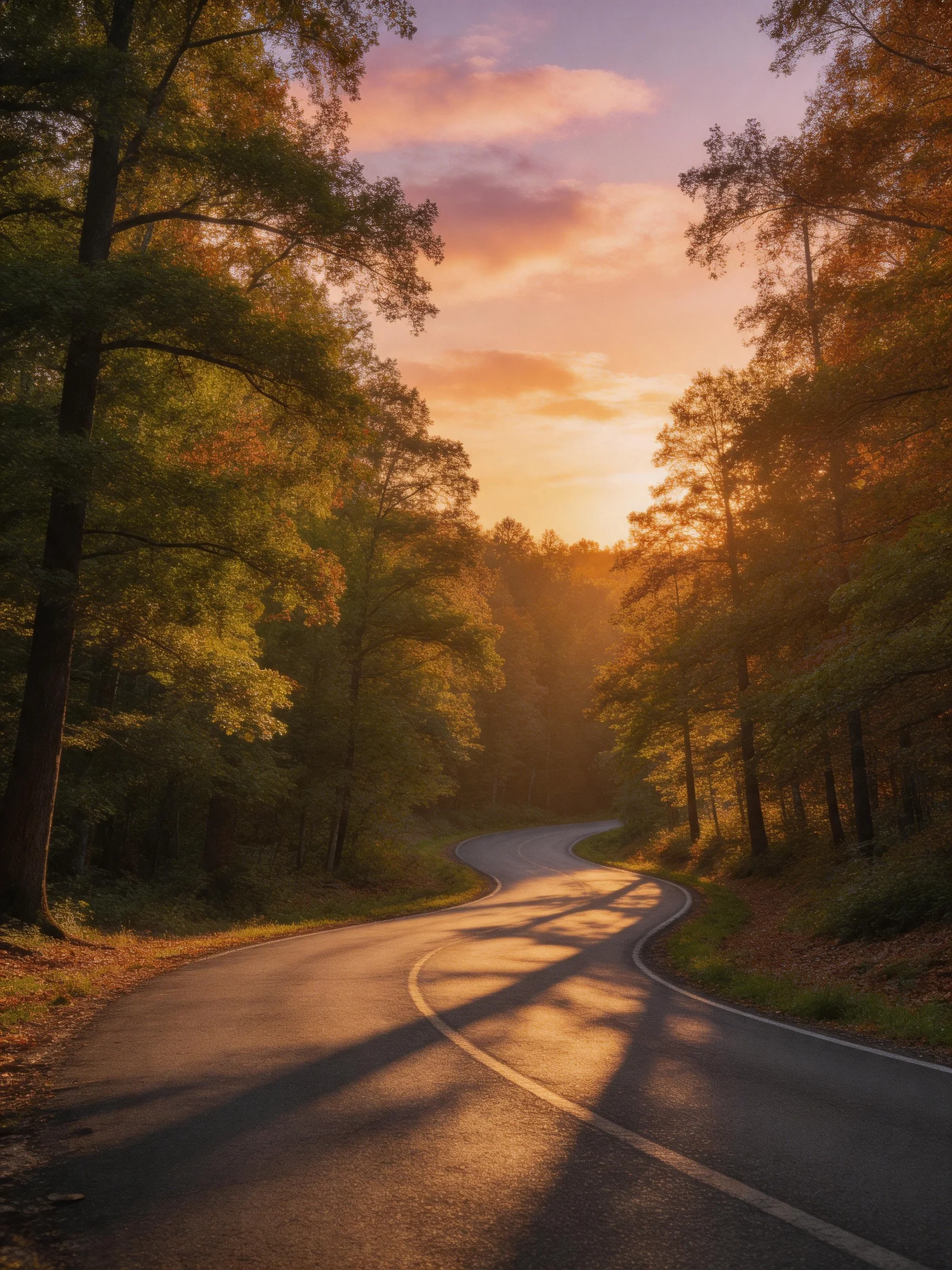 A winding forest road bathed in golden sunset light