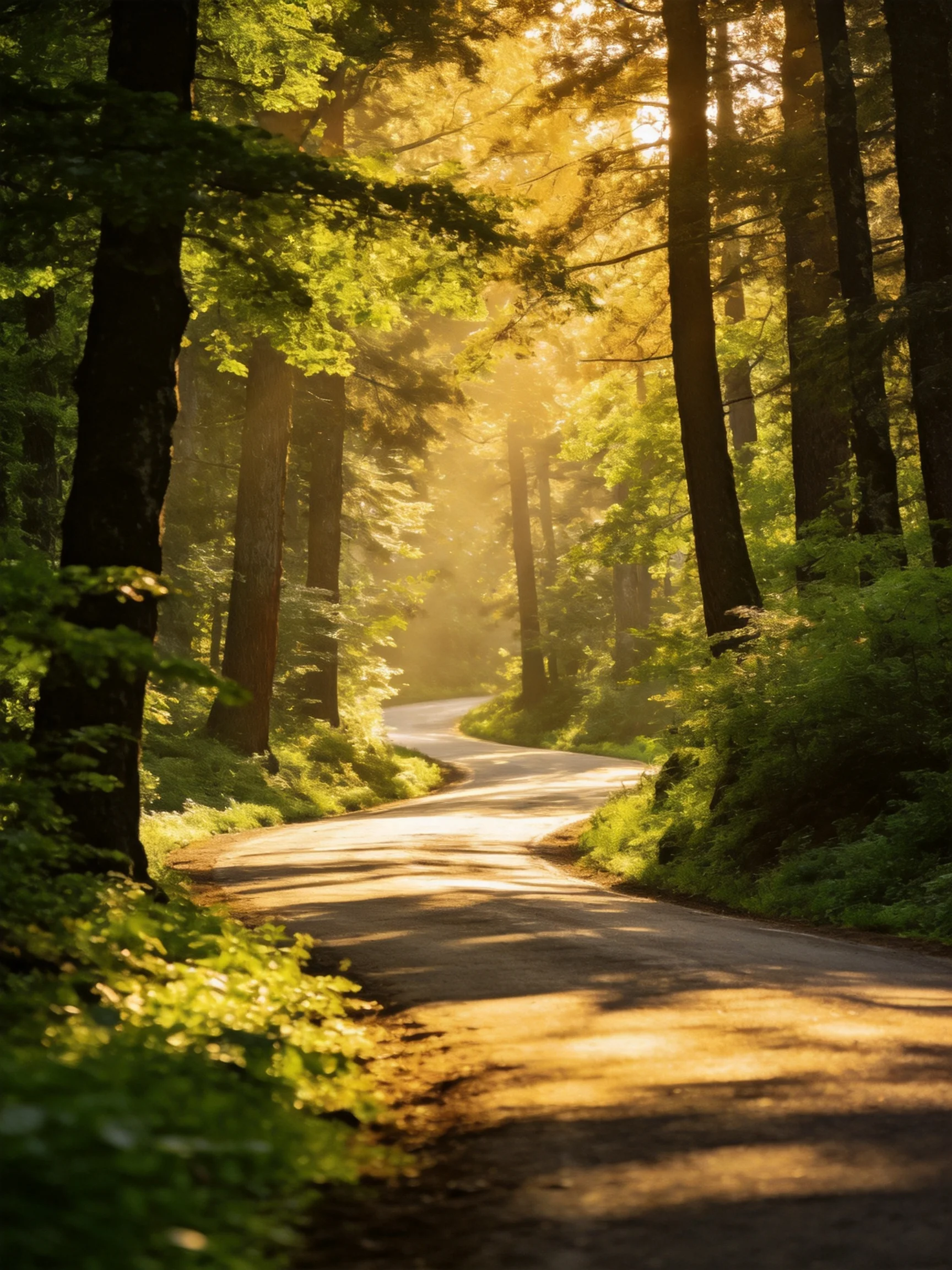 A winding forest road illuminated by golden sunlight