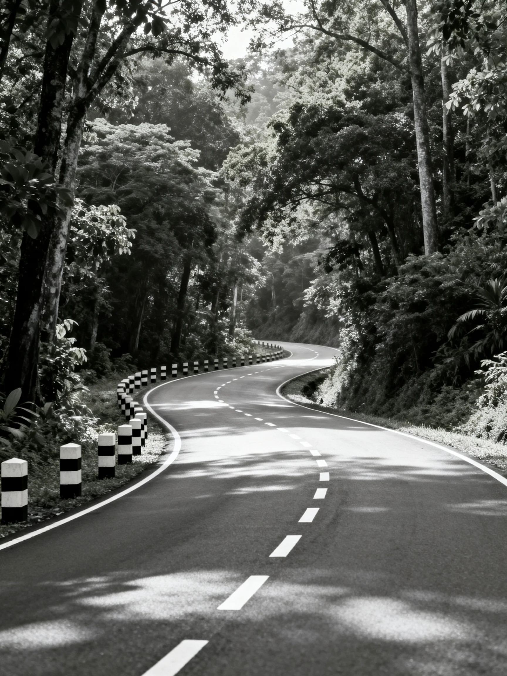 A winding forest road with striped bollards