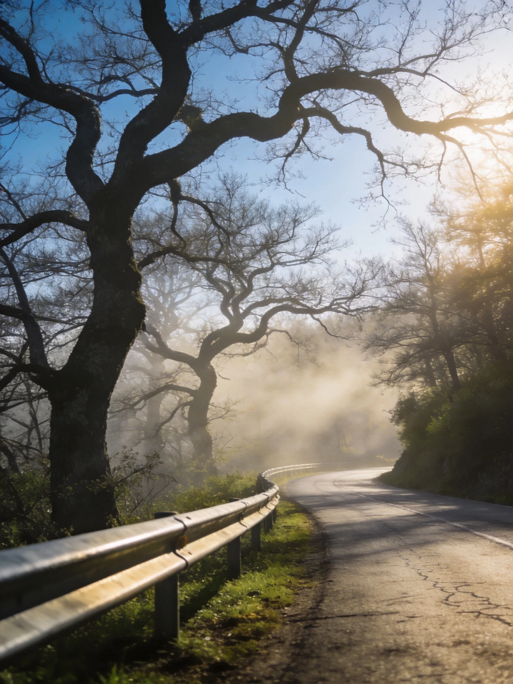 A winding forest road with tall bare trees and morning mist