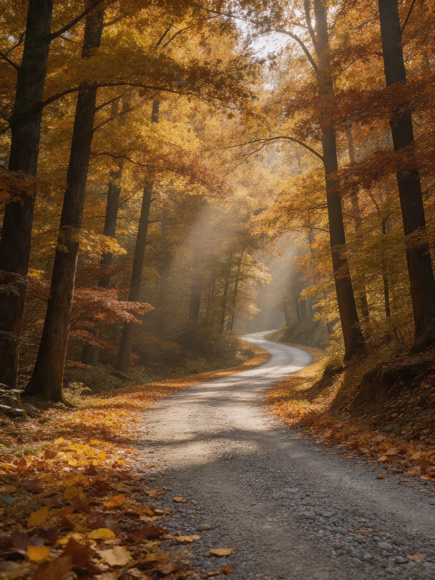 A winding gravel path through an autumn forest with golden foliage and morning mist