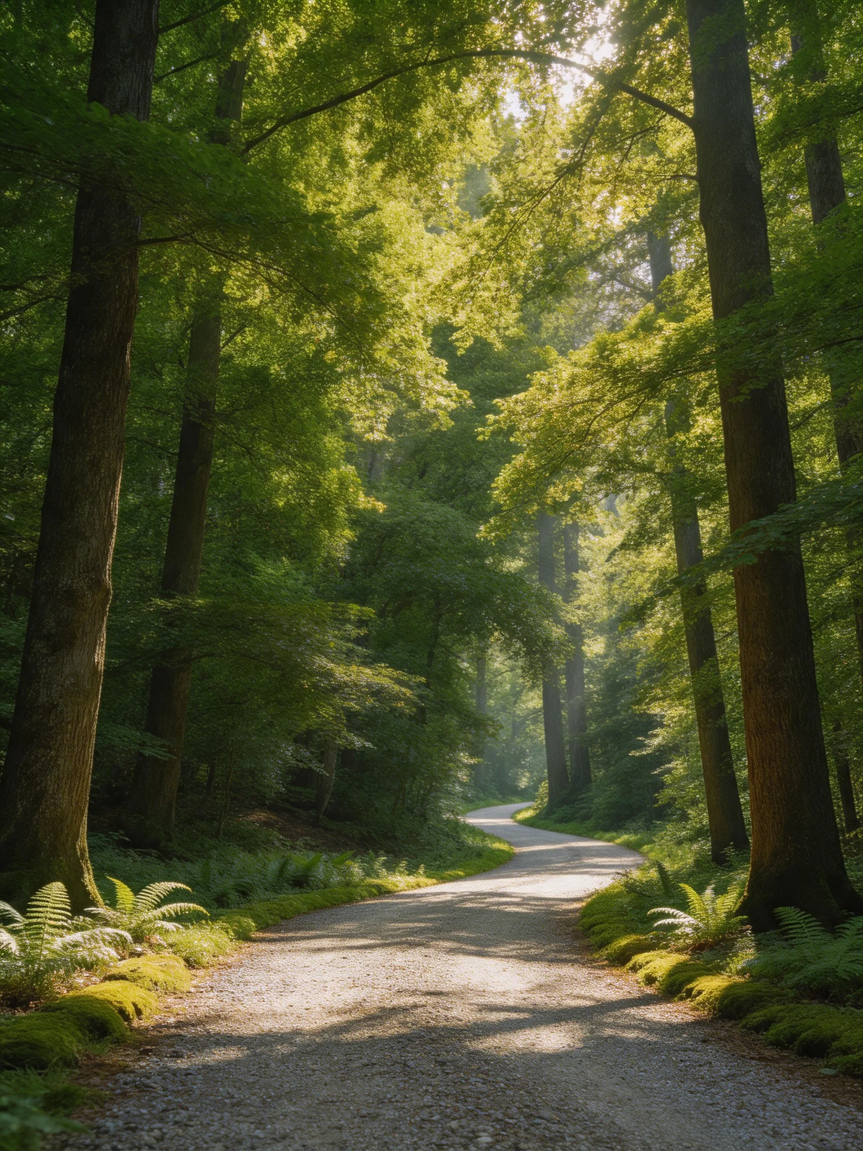 A winding gravel path through dense emerald forest with dappled sunlight