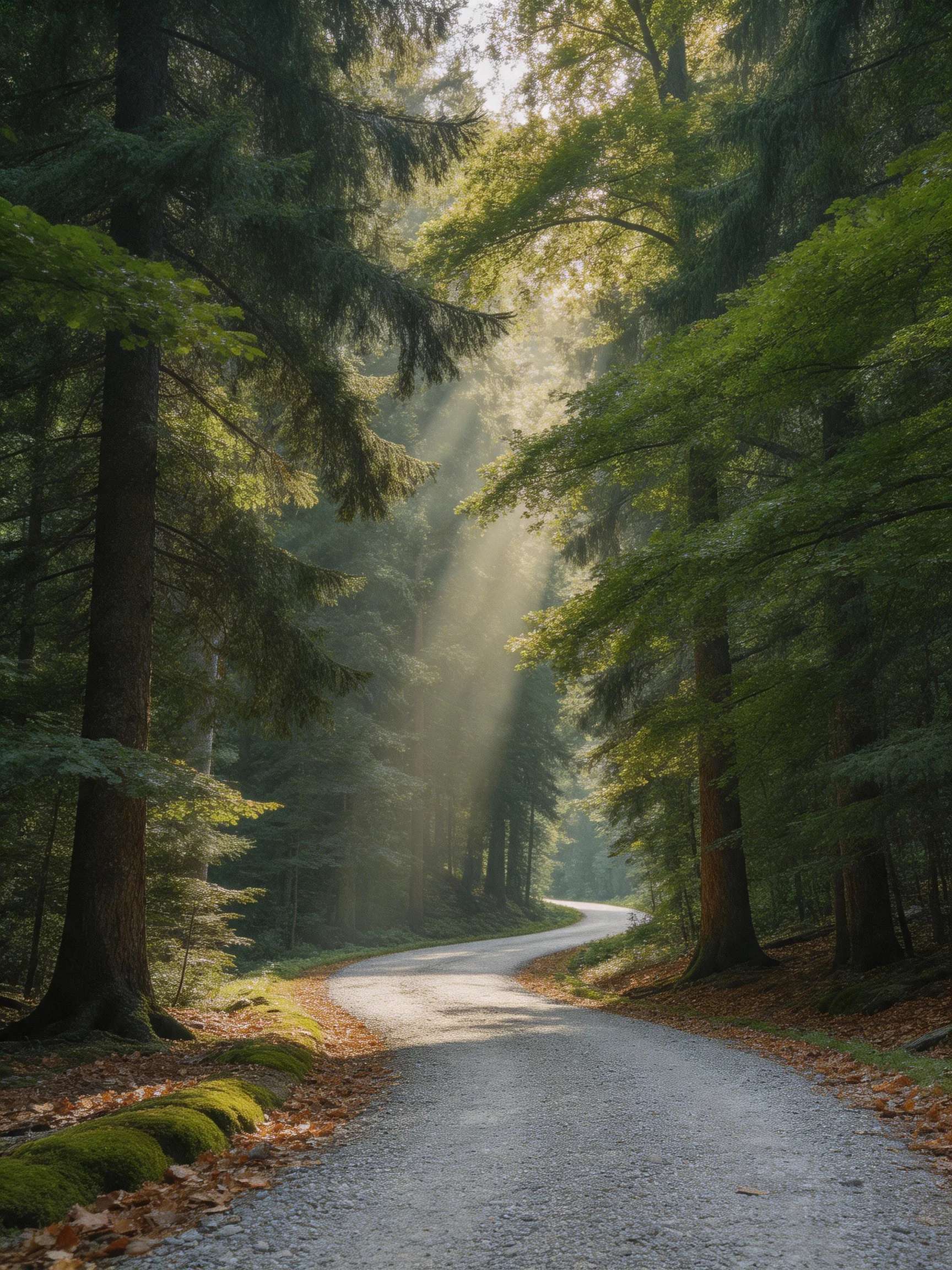 A winding gravel path through dense evergreen forests with golden sunlight beams