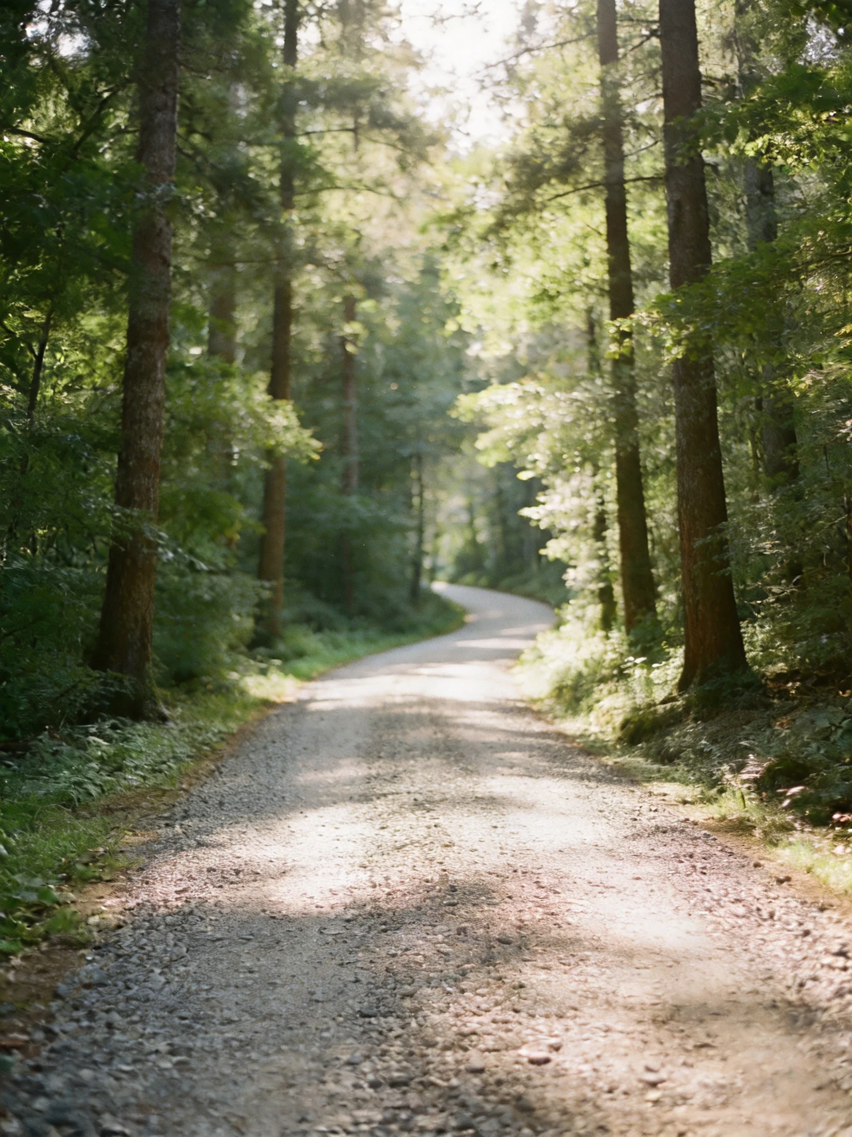 A winding gravel path through dense green forest with sunlight filtering