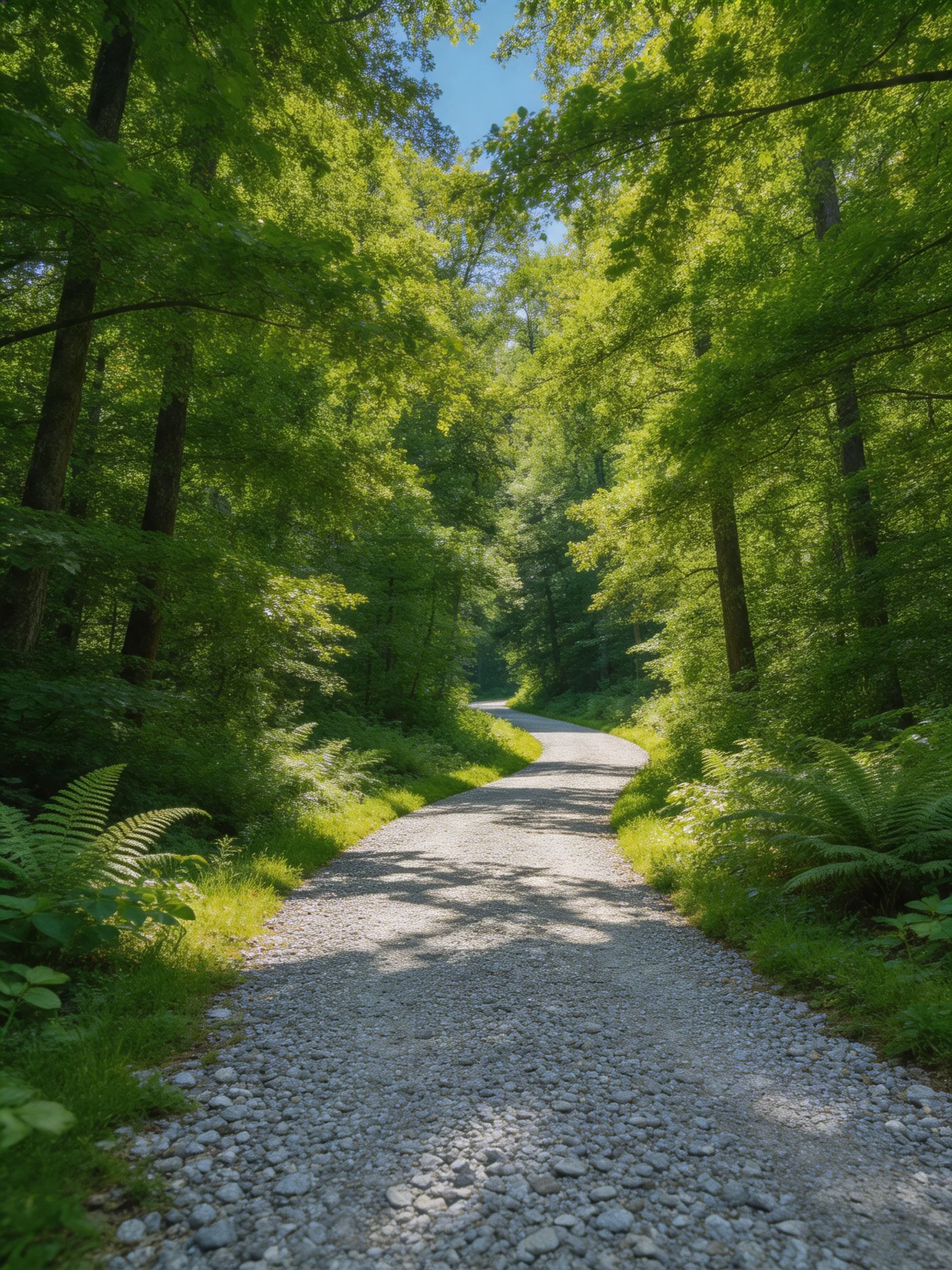 A winding gravel path through dense, vibrant green woods