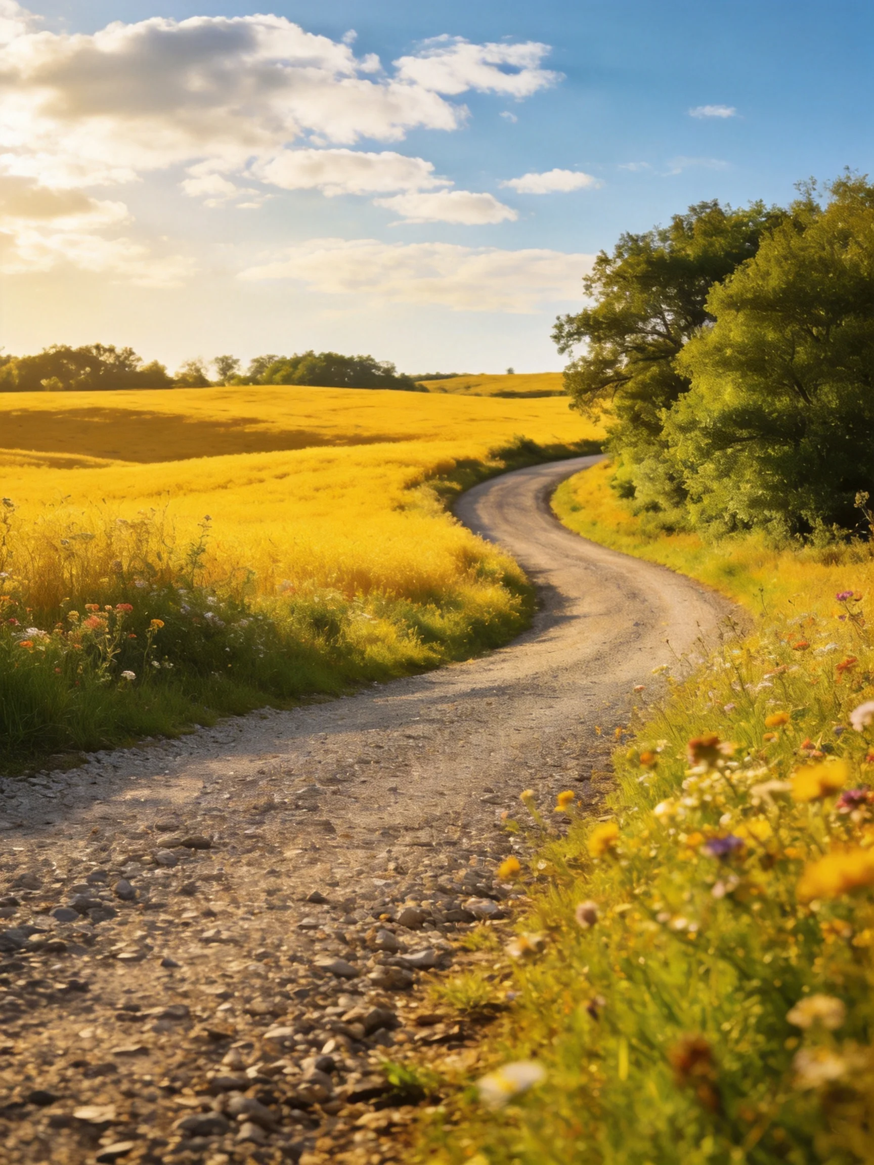 A winding gravel path through golden fields with lush green trees