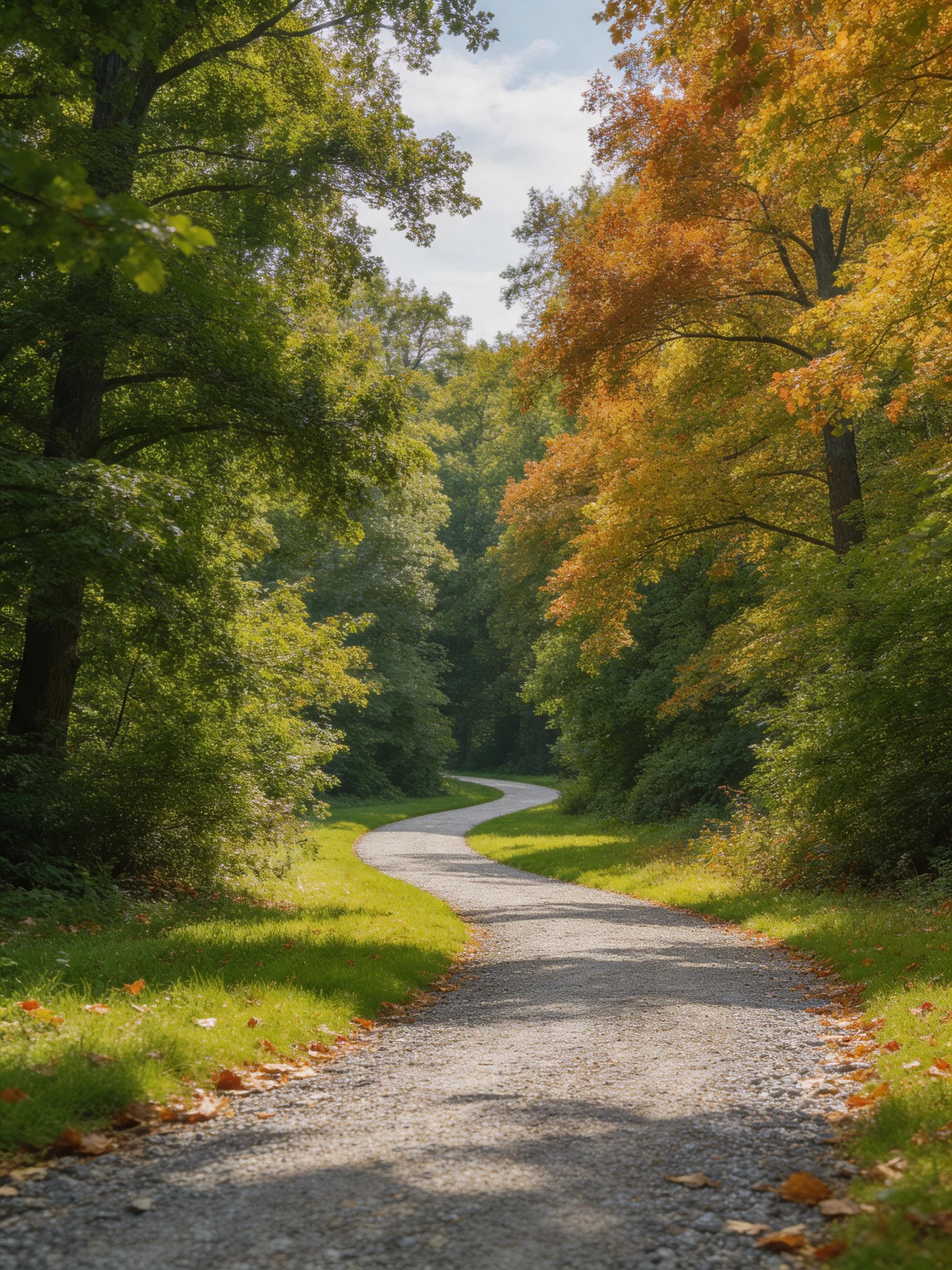 A winding gravel path through lush green and golden autumn woods