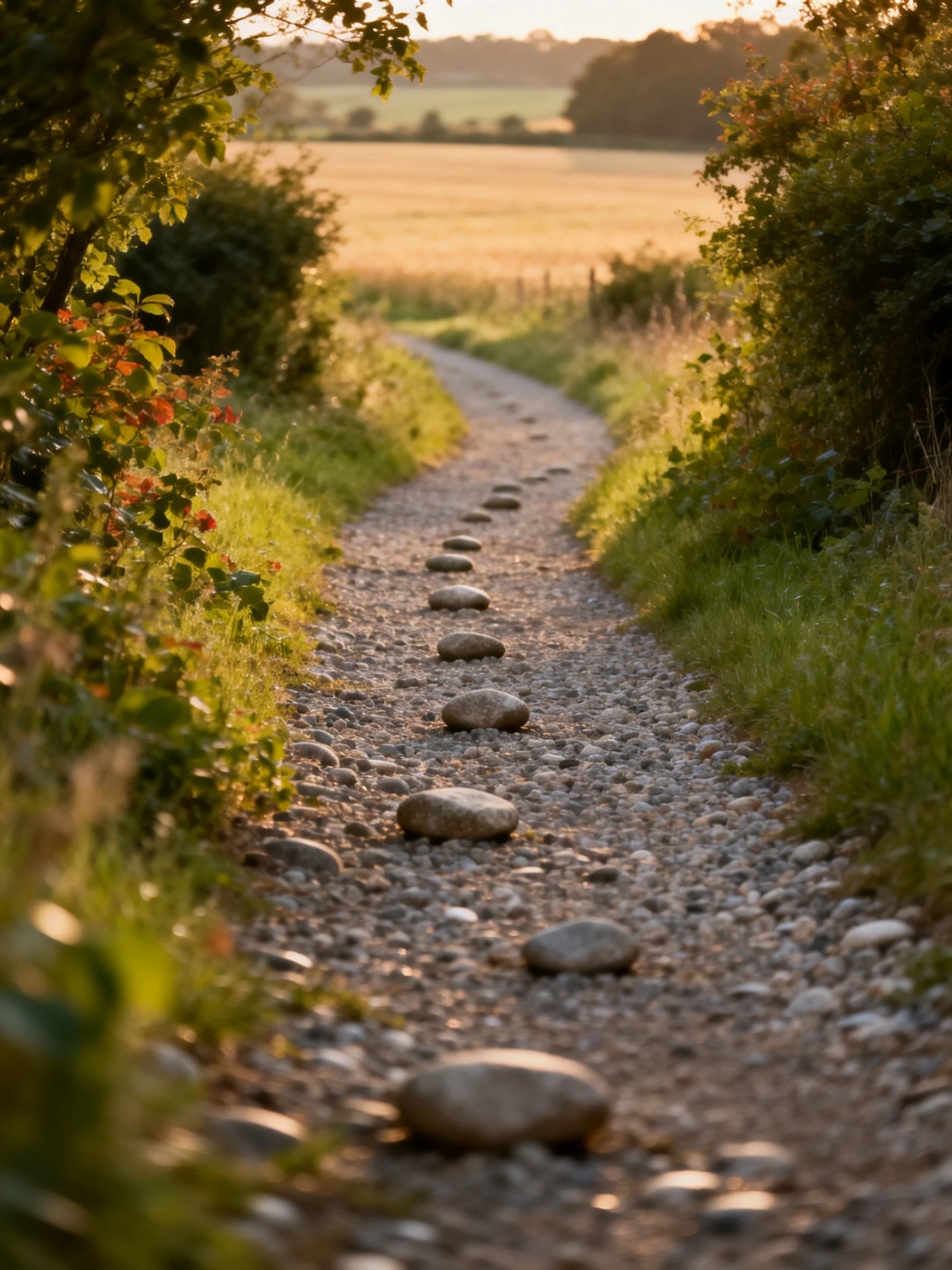 A winding gravel path with six stepping stones amid lush greenery under golden light