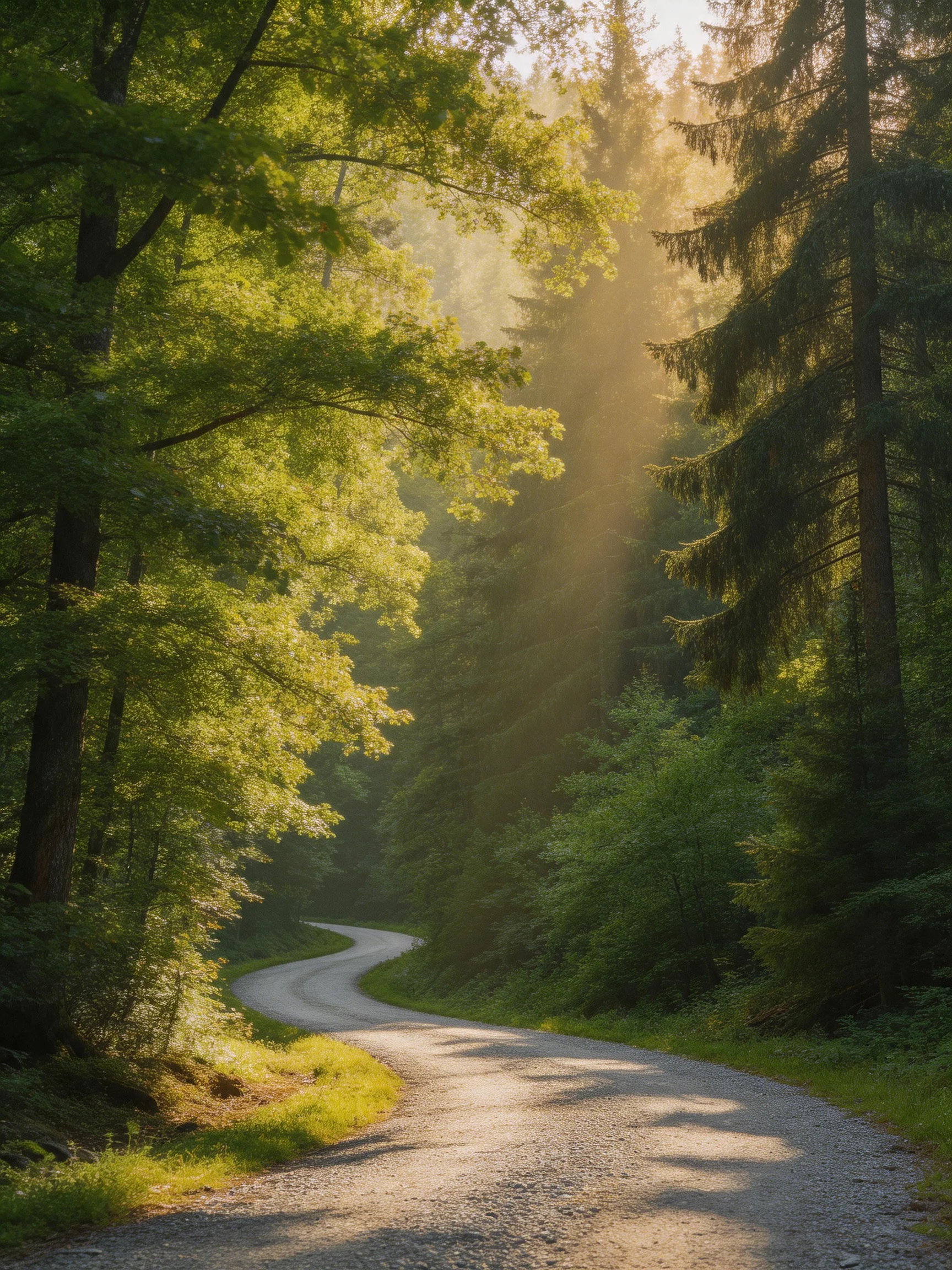 A winding gravel road through lush green forest with golden sunlight