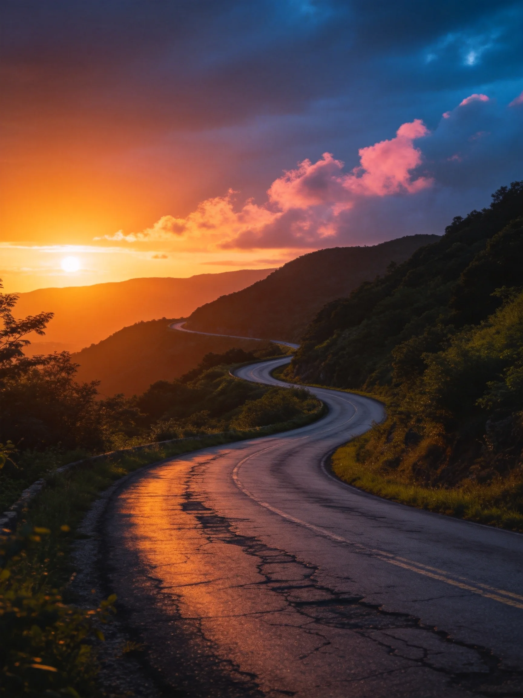 A winding mountain road at sunset with vibrant sky hues