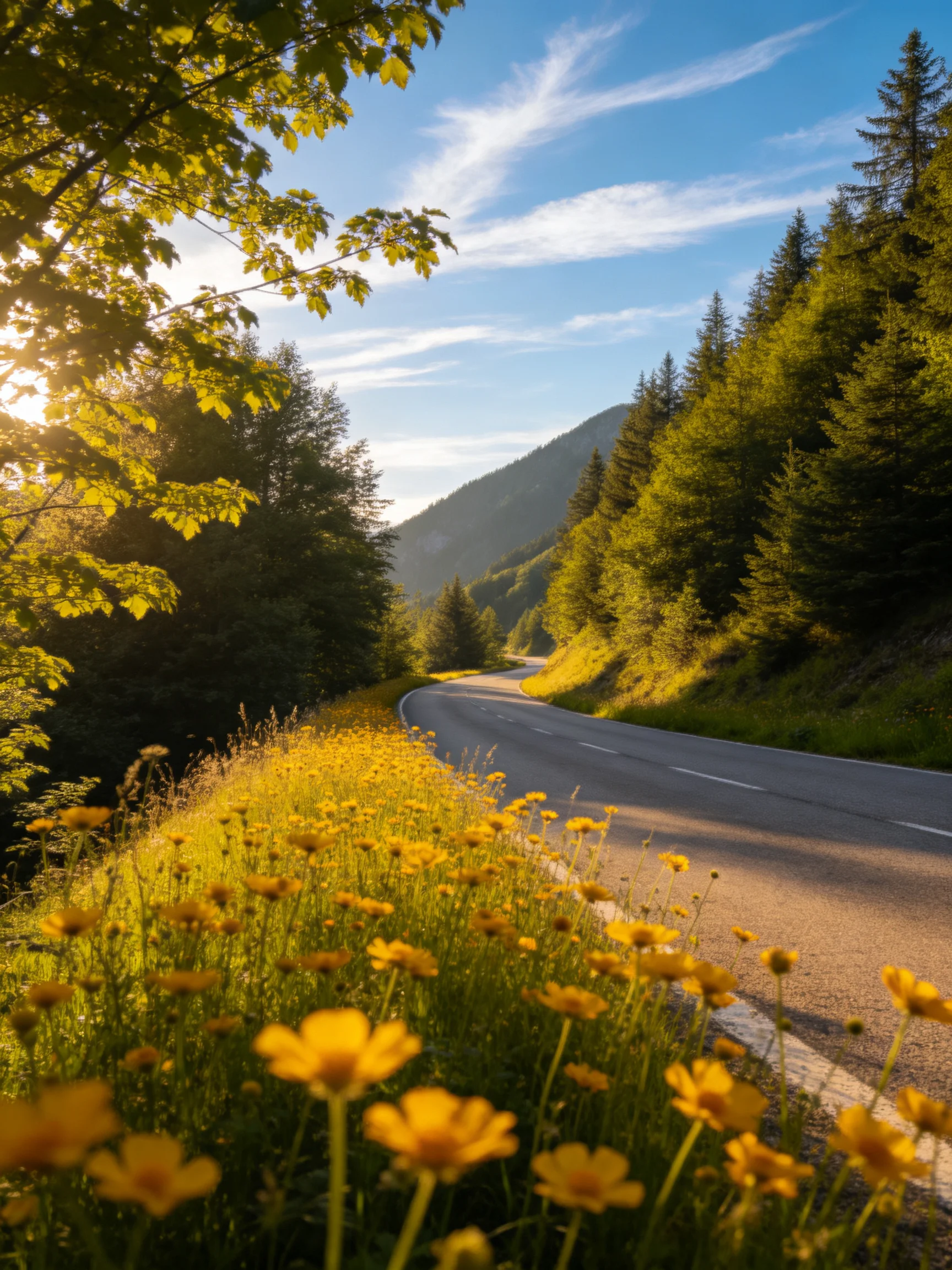 A winding mountain road lined with yellow wildflowers and forested slopes