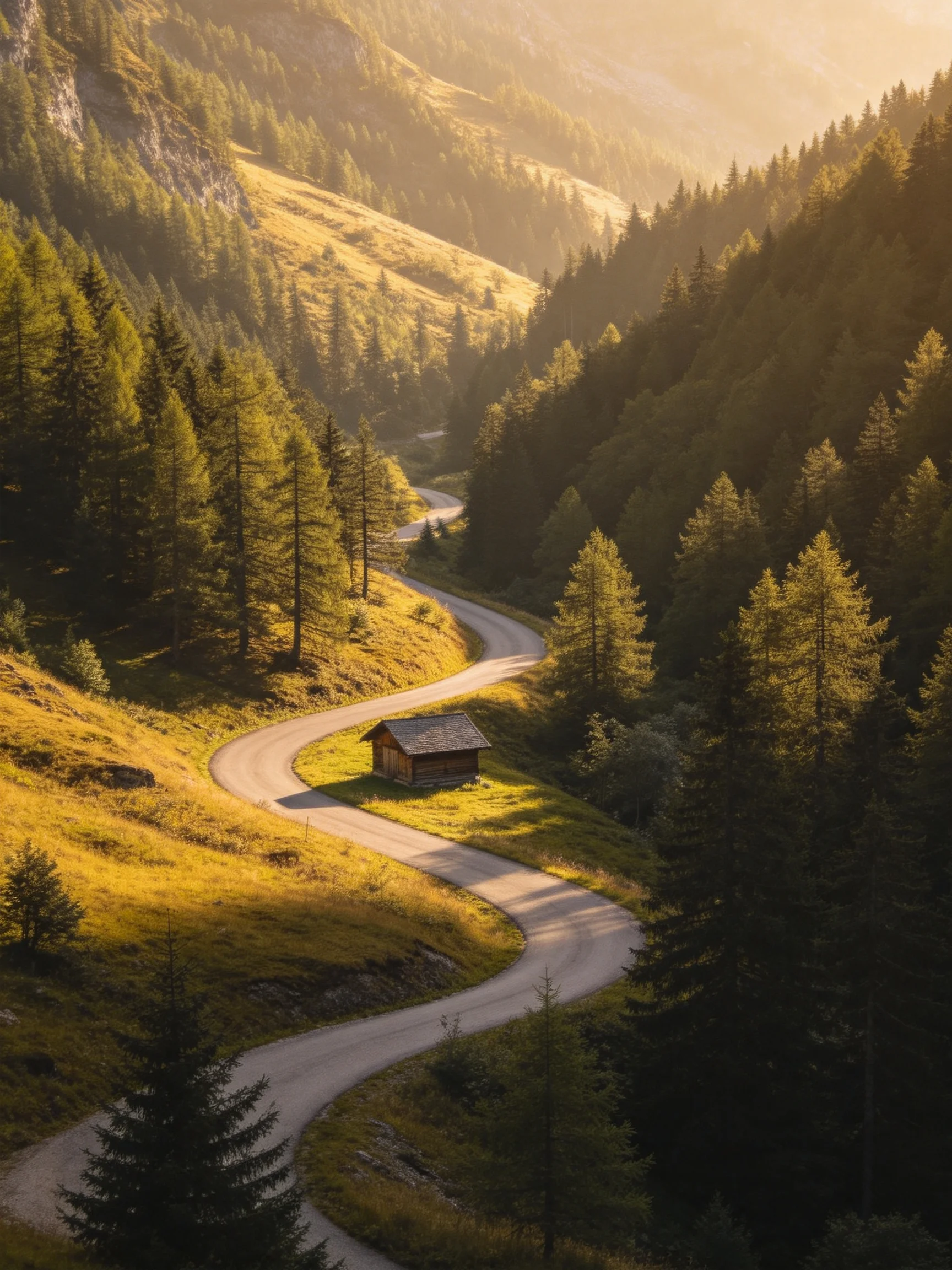 A winding mountain road with golden light, dense forests, and a wooden cabin