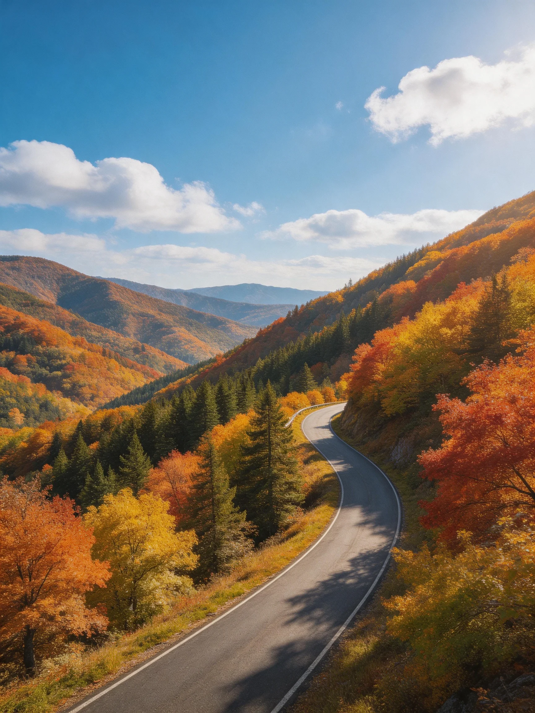 A winding mountain road with vibrant fall forests