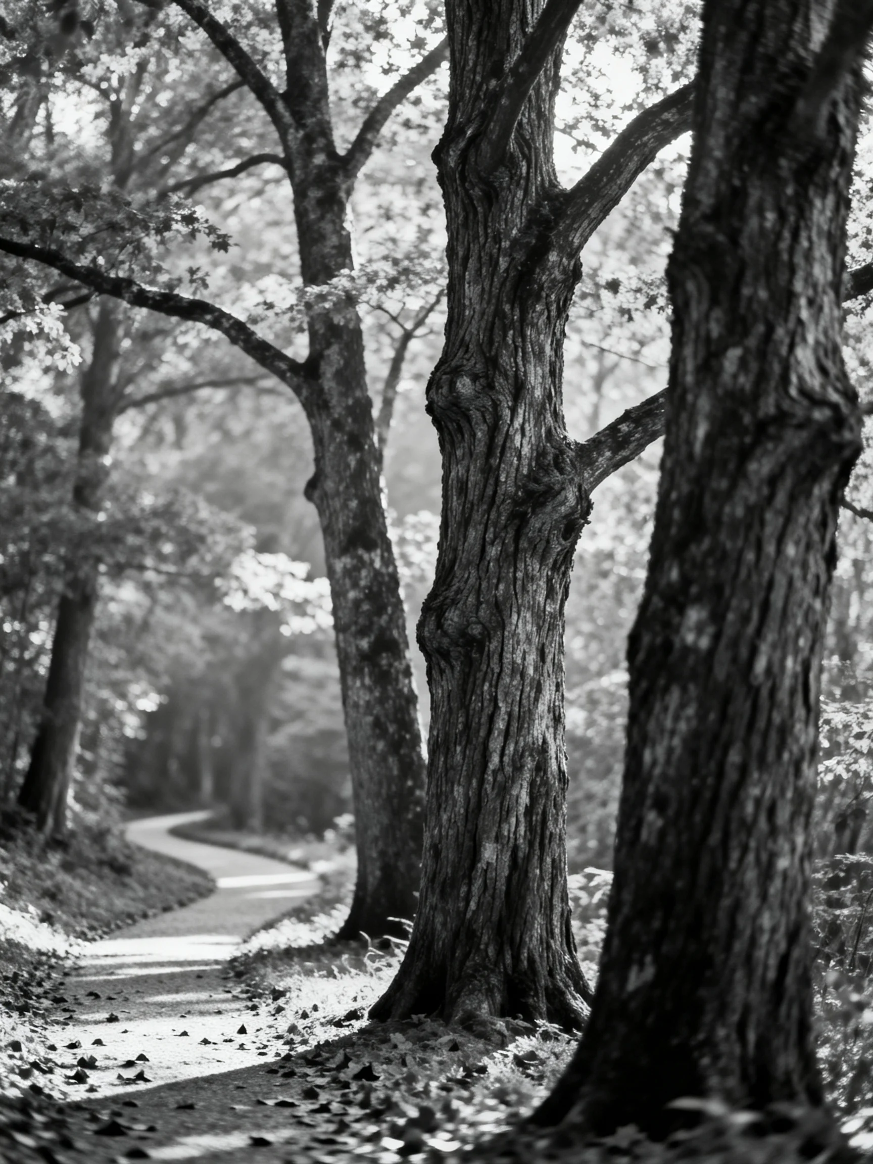 A winding path flanked by tall, gnarled trees in monochrome