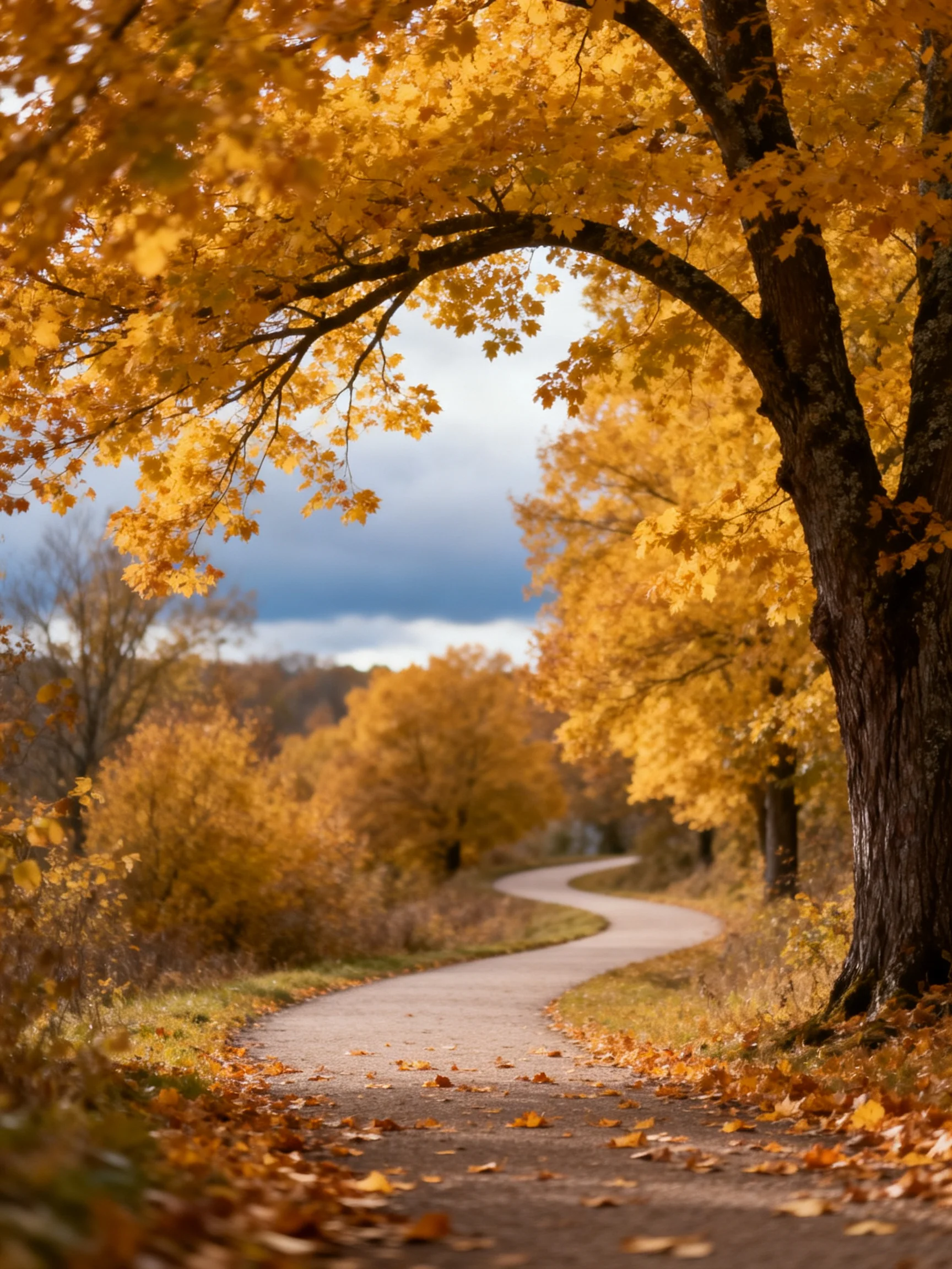 A winding path is framed by golden autumn trees in a natural landscape
