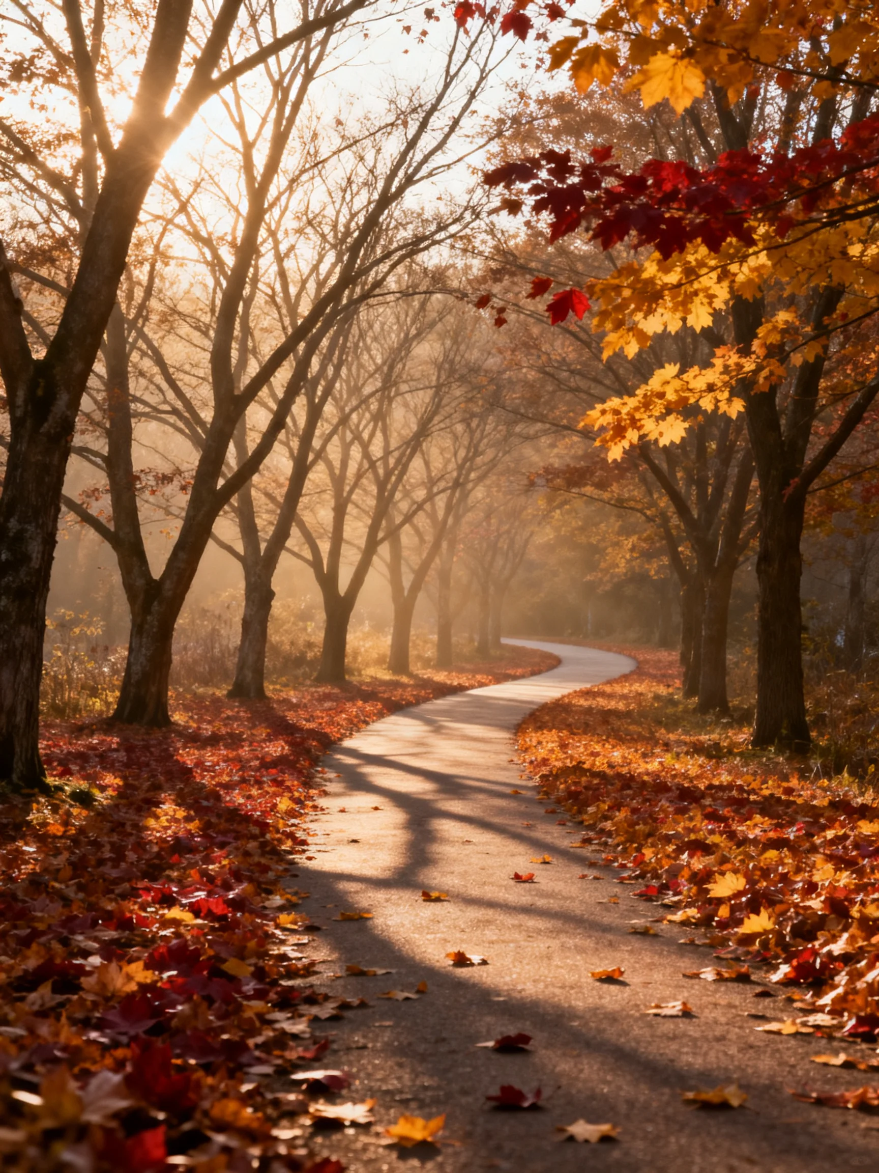 A winding path lined with vibrant fall leaves under golden sunlight