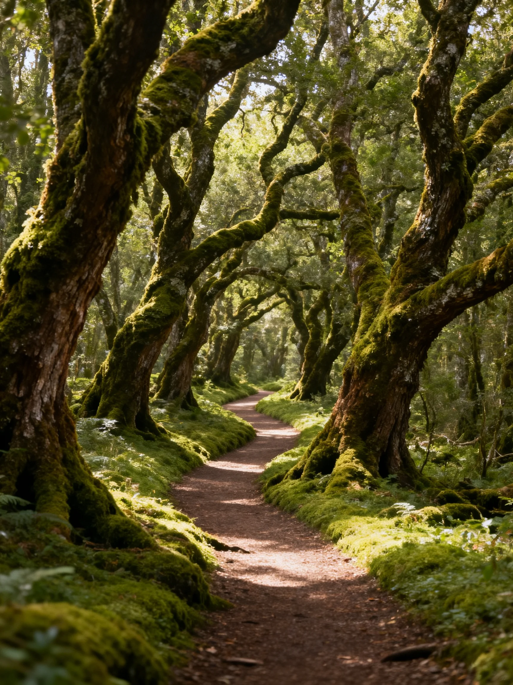 A winding path passes through an ancient forest with moss-covered trees