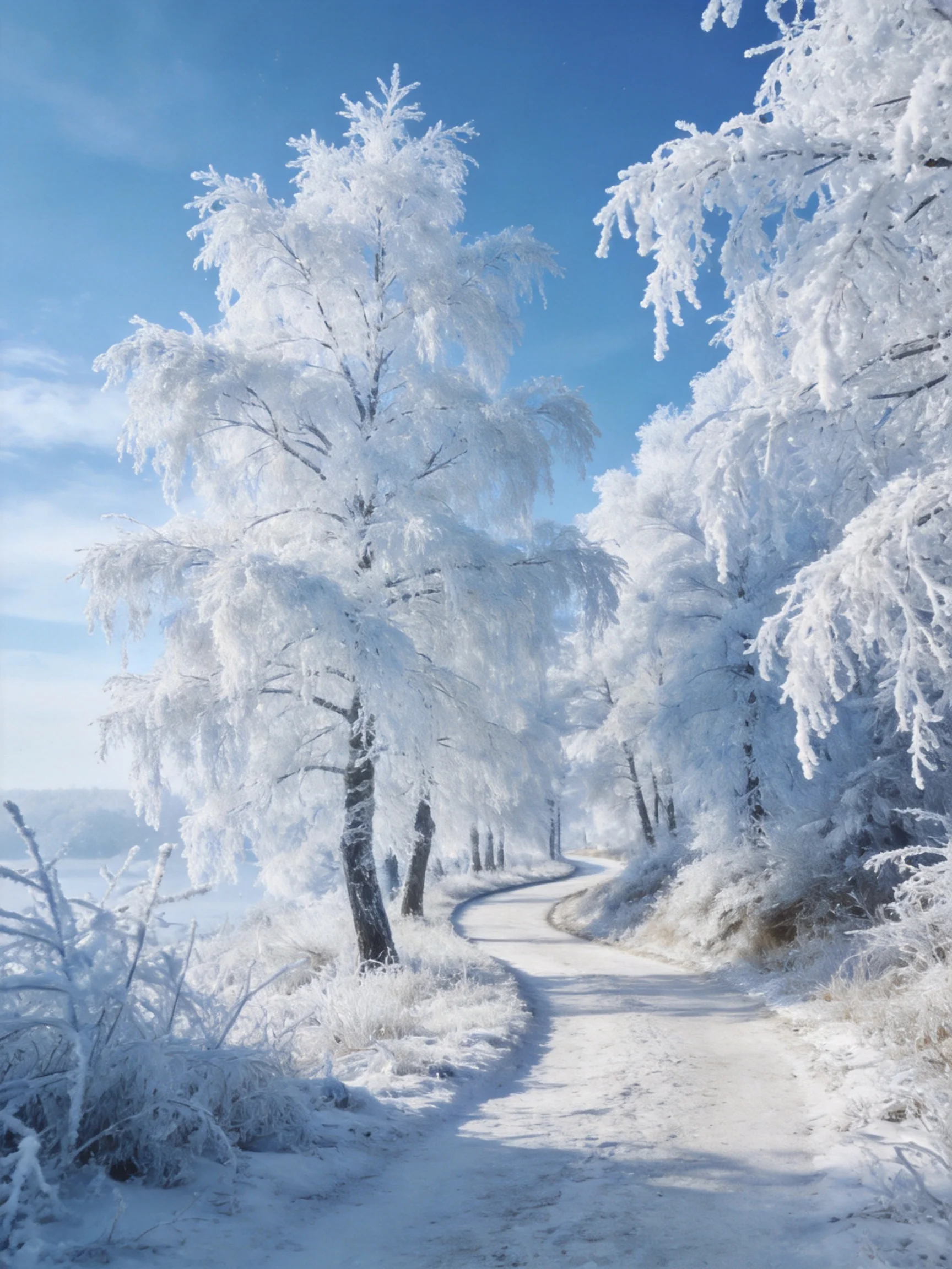 A winding path runs through frosty, snow - covered trees beneath a clear blue sky