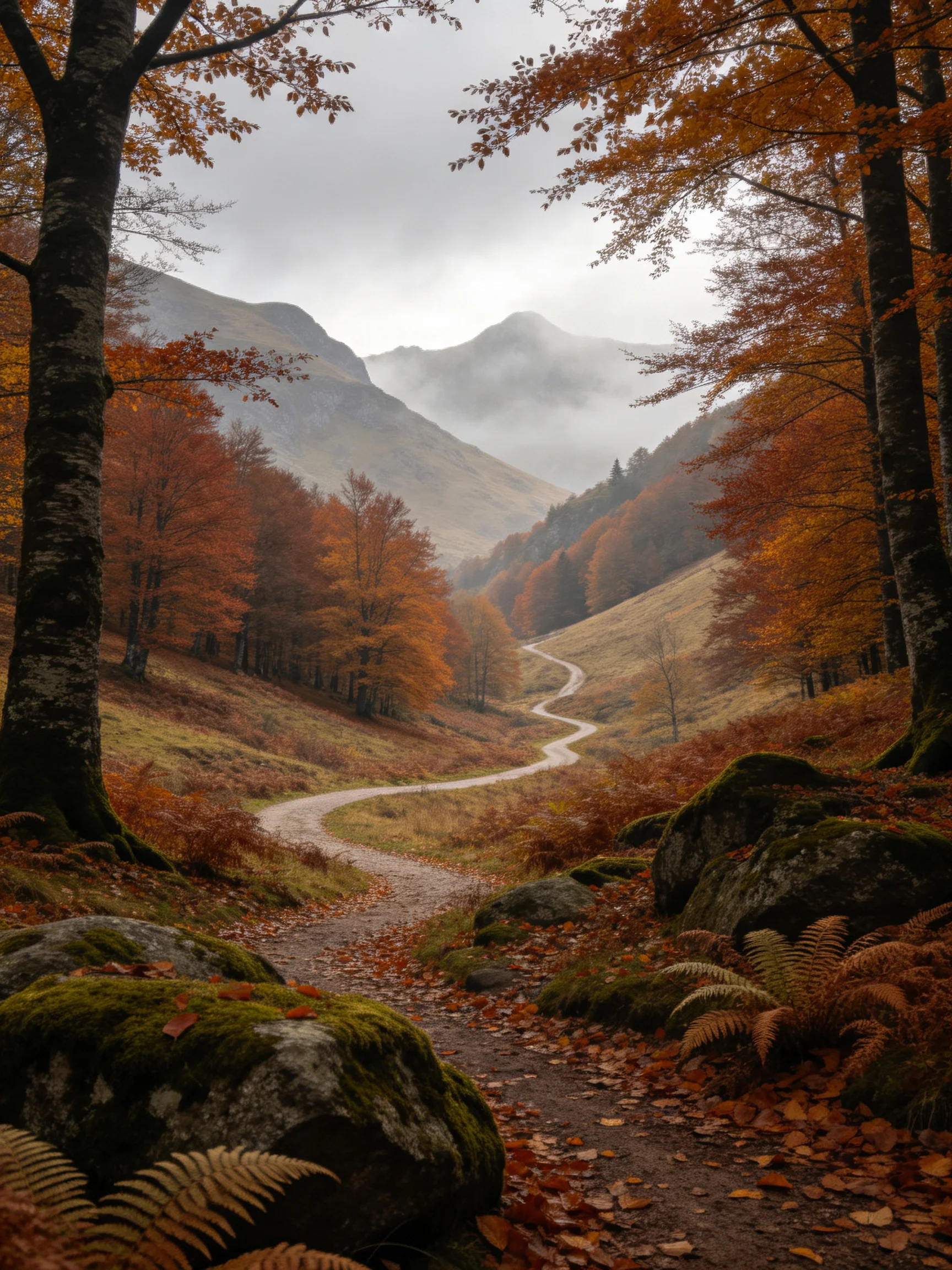 A winding path through an autumn forest with golden foliage and misty mountains