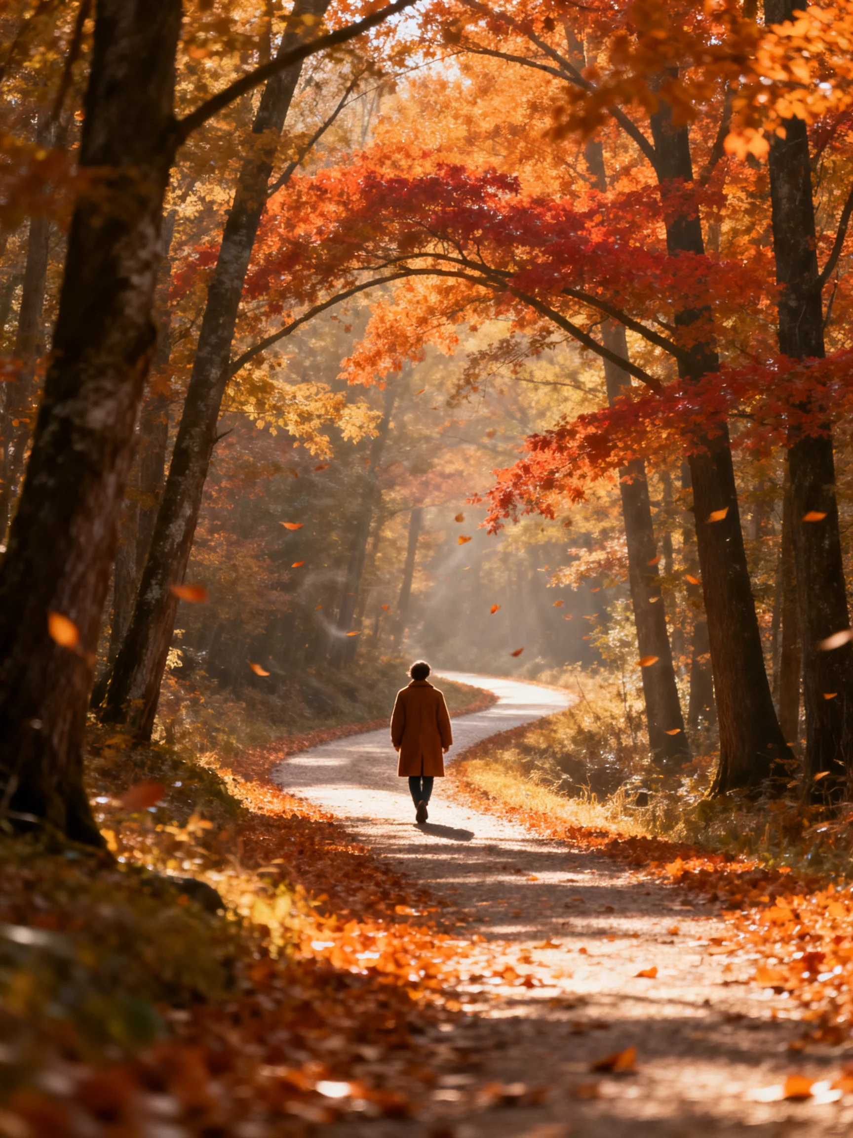 A winding path through autumn forest with vibrant foliage