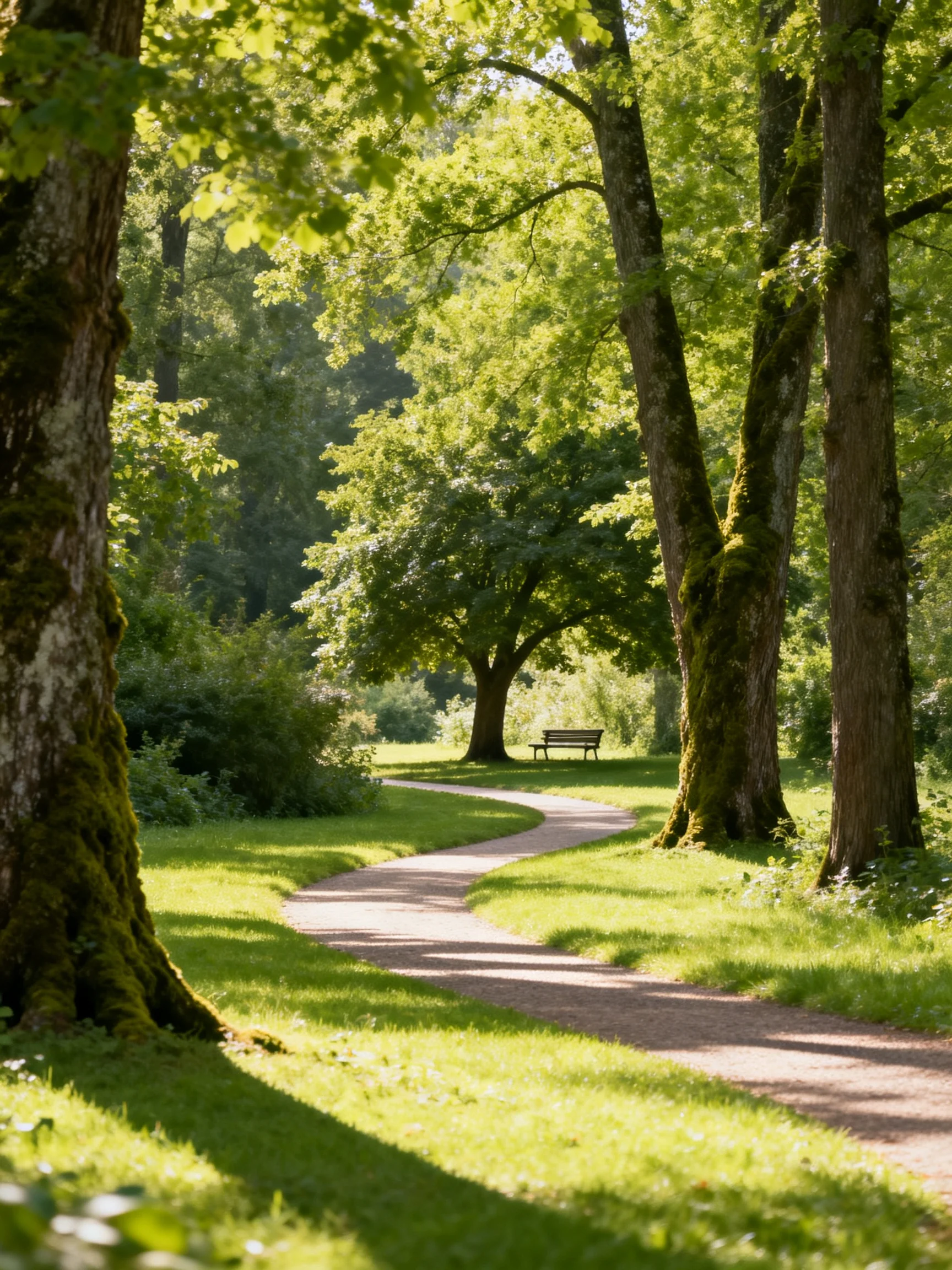 A winding path through lush green woods with tall moss-covered trees