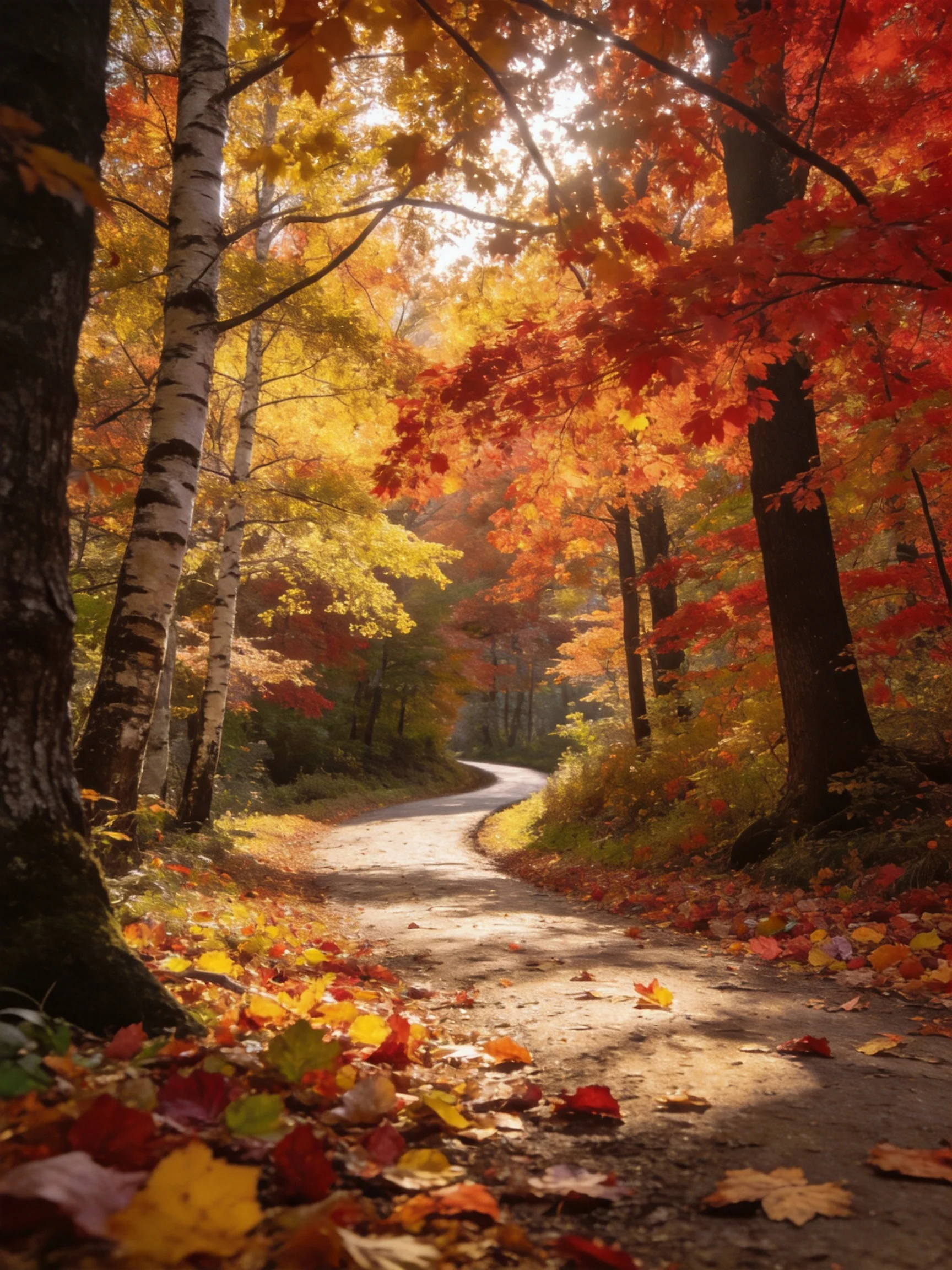 A winding path through vibrant autumn foliage with golden and crimson trees