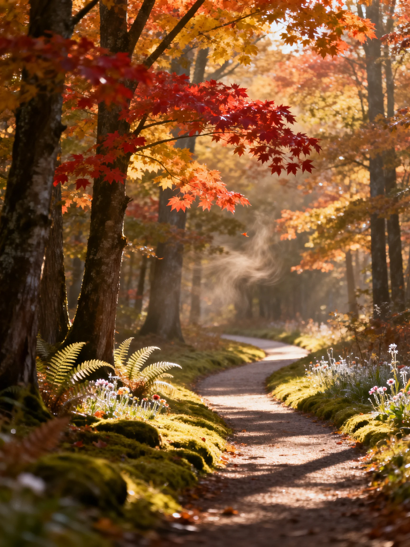 A winding path through vibrant autumn forest with golden and crimson foliage