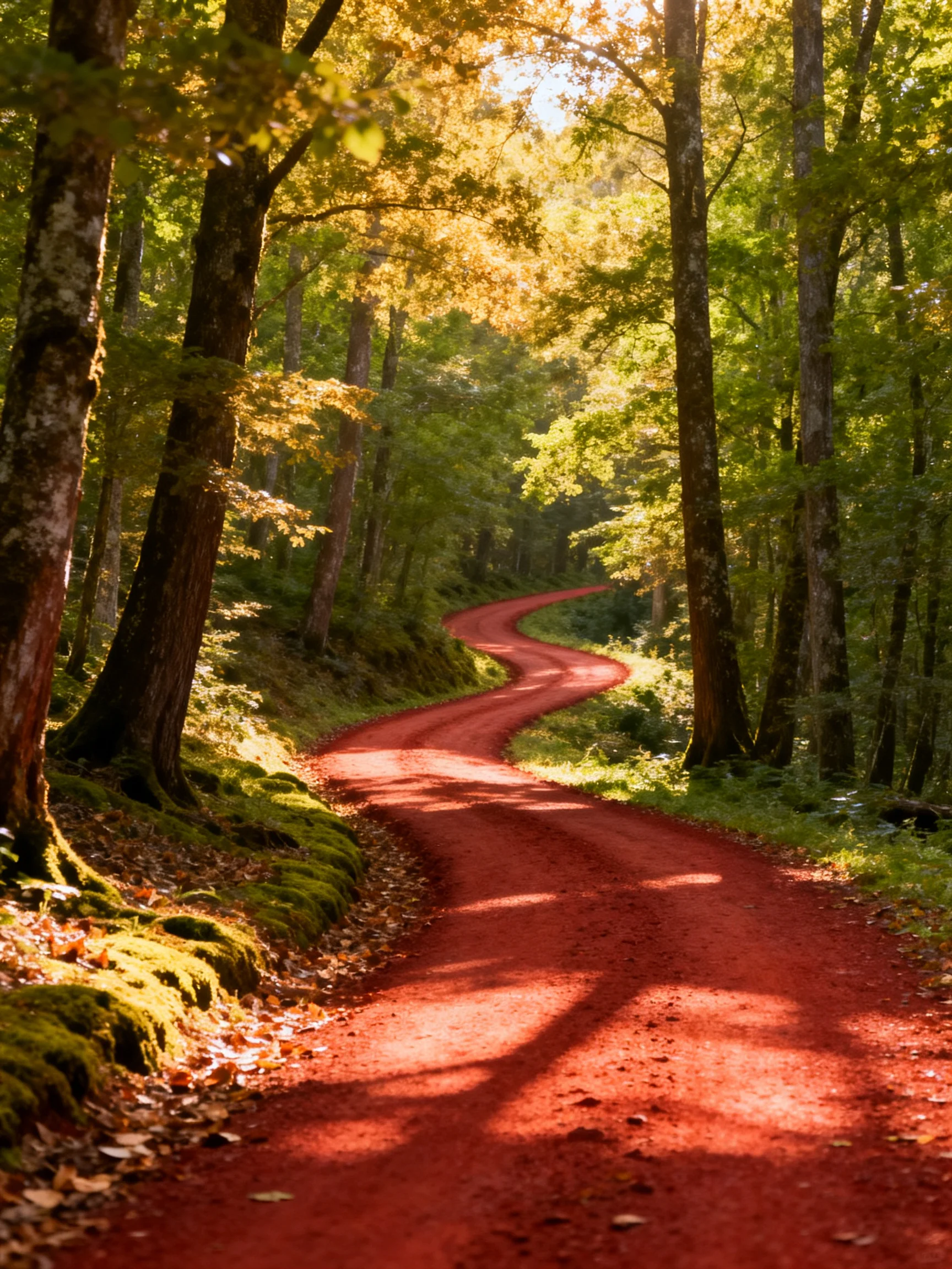 A winding red dirt path winds through a lush green forest