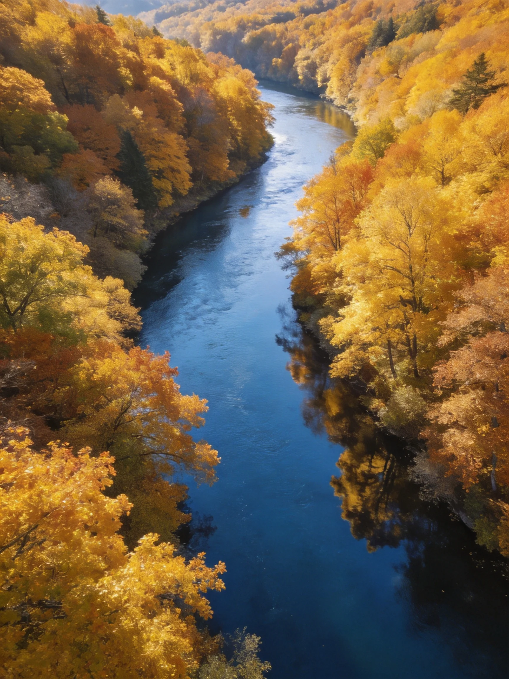 A winding river bordered by golden and orange fall trees