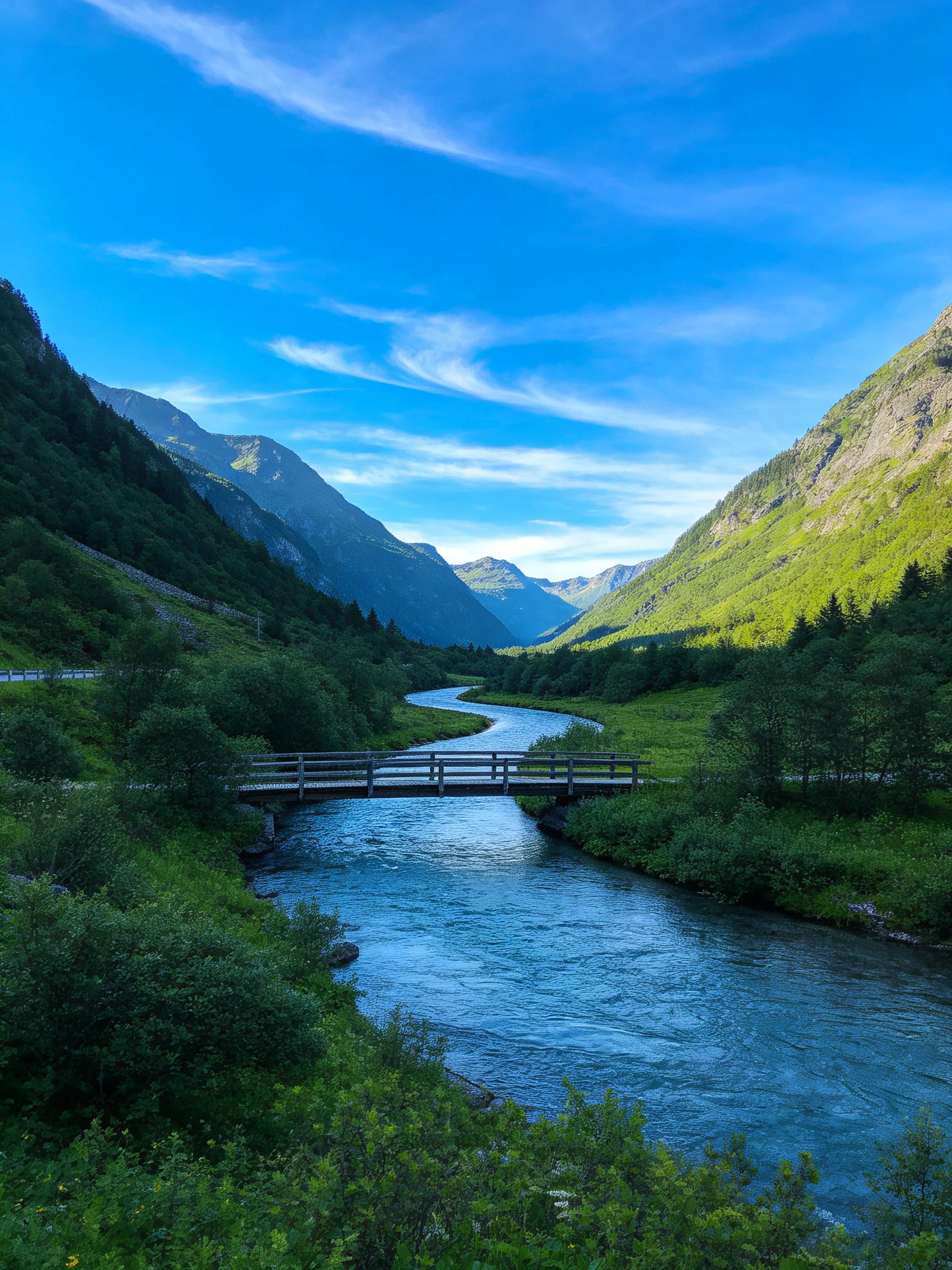 A winding river flows beneath a wooden bridge amid lush green mountains