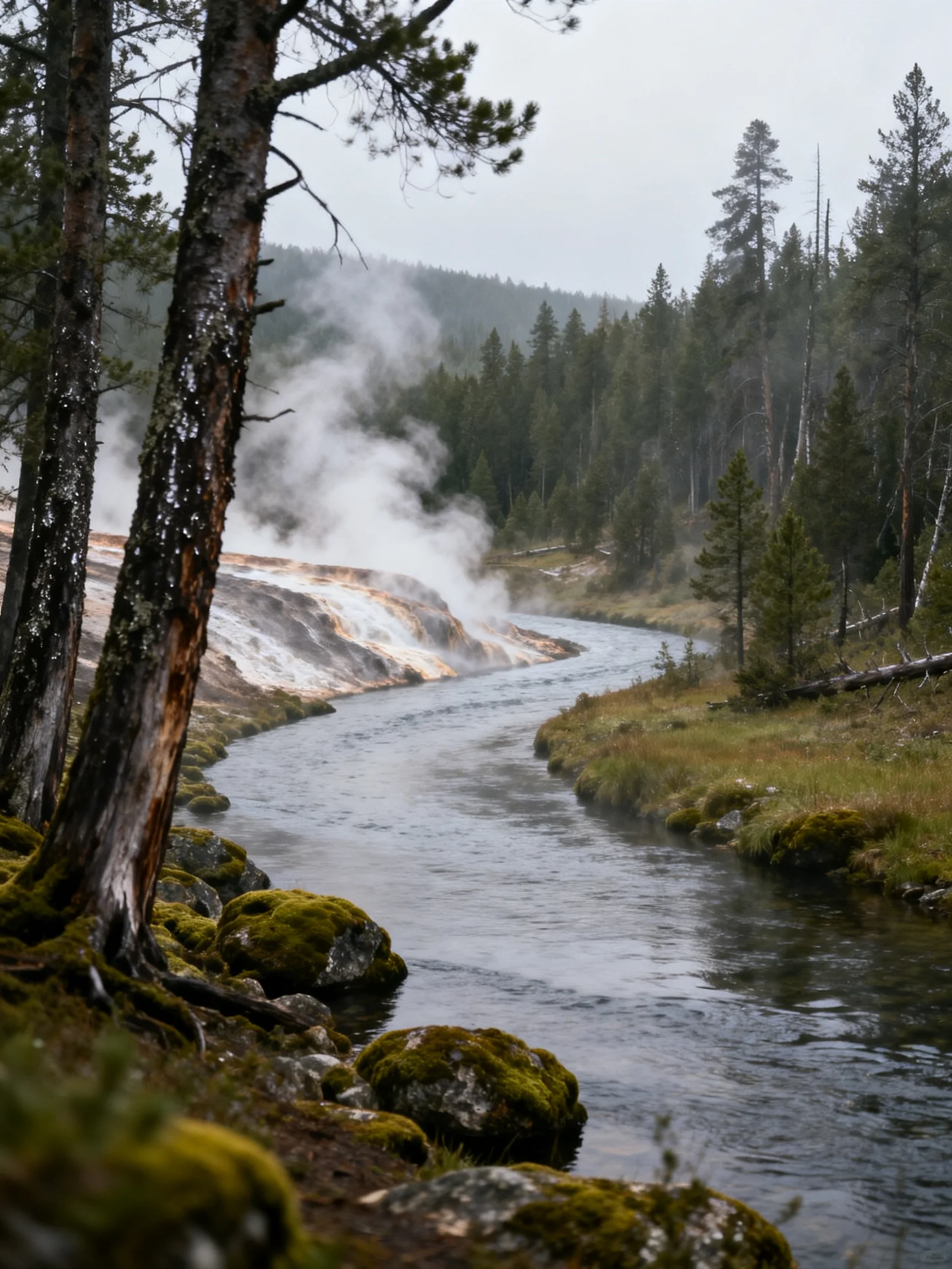A winding river flows past steaming geysers amid pine forests