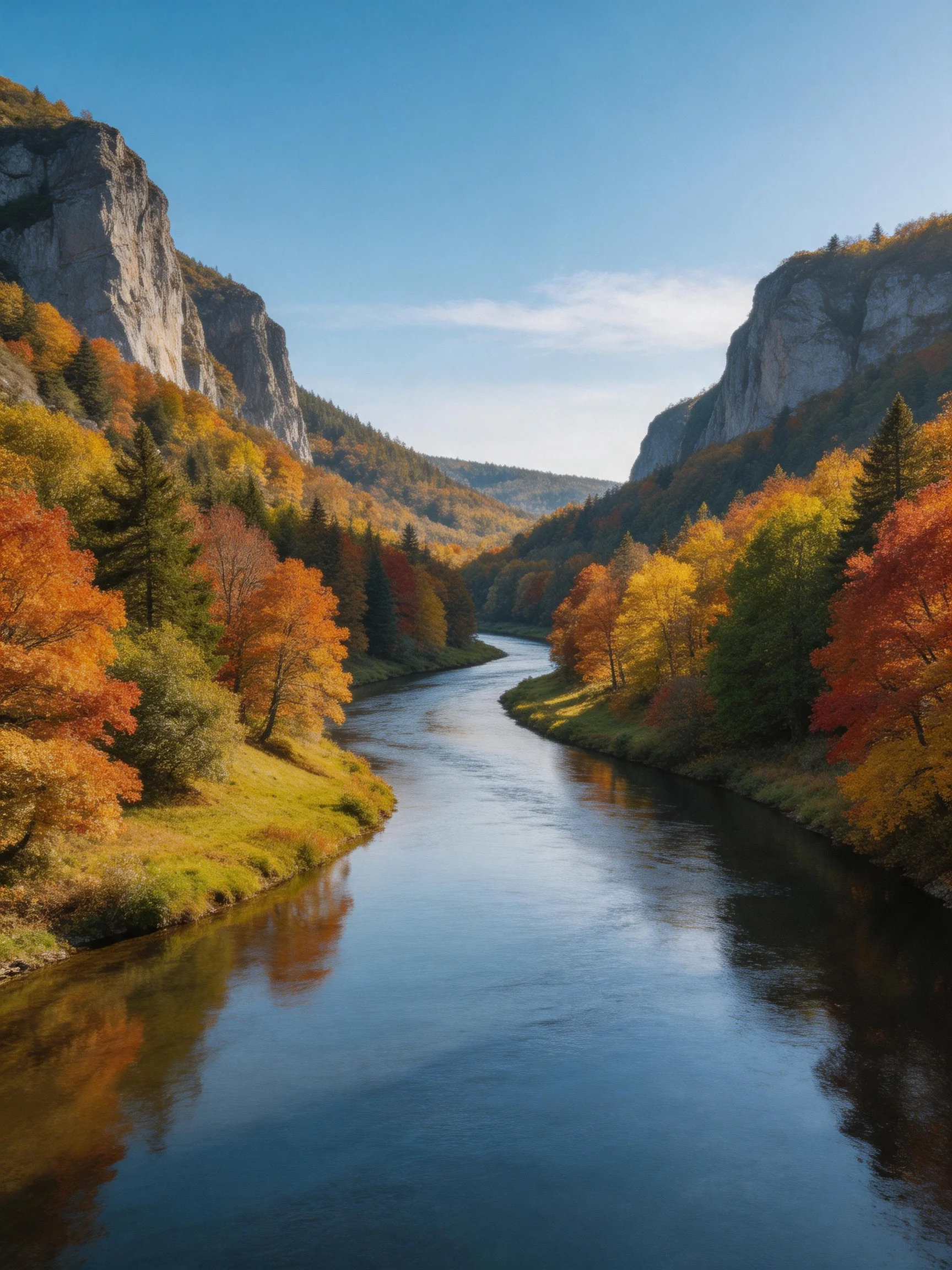 A winding river flows through a canyon with vibrant fall foliage