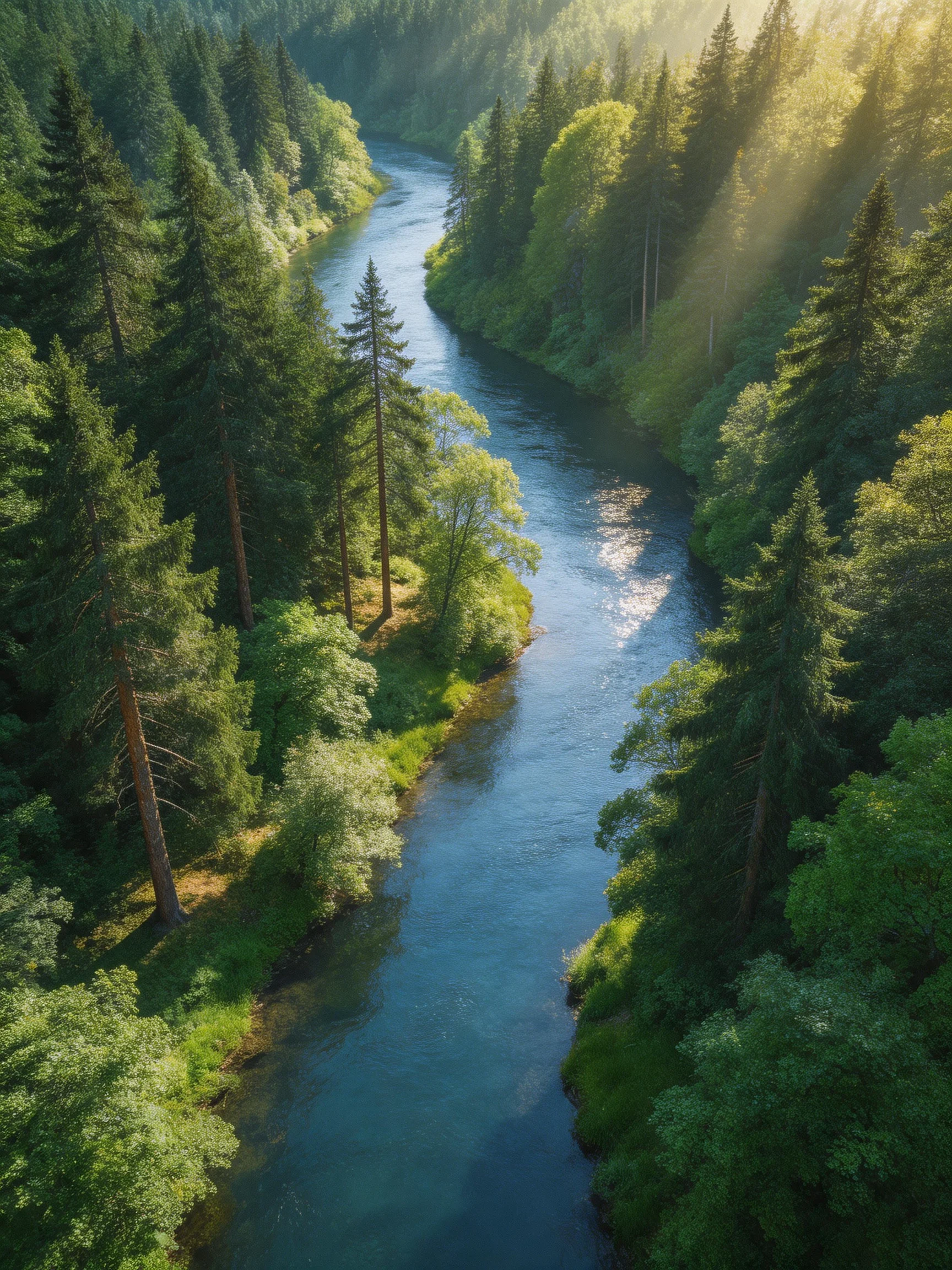 A winding river flows through a lush, dense forest canyon