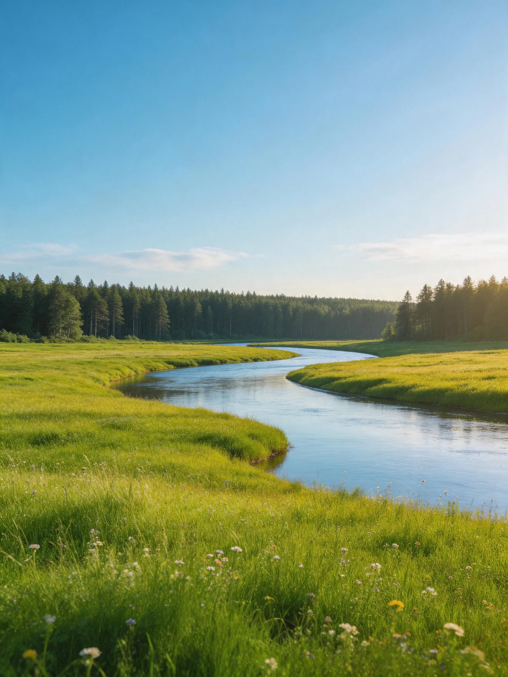 A winding river flows through a lush green meadow near a dense forest