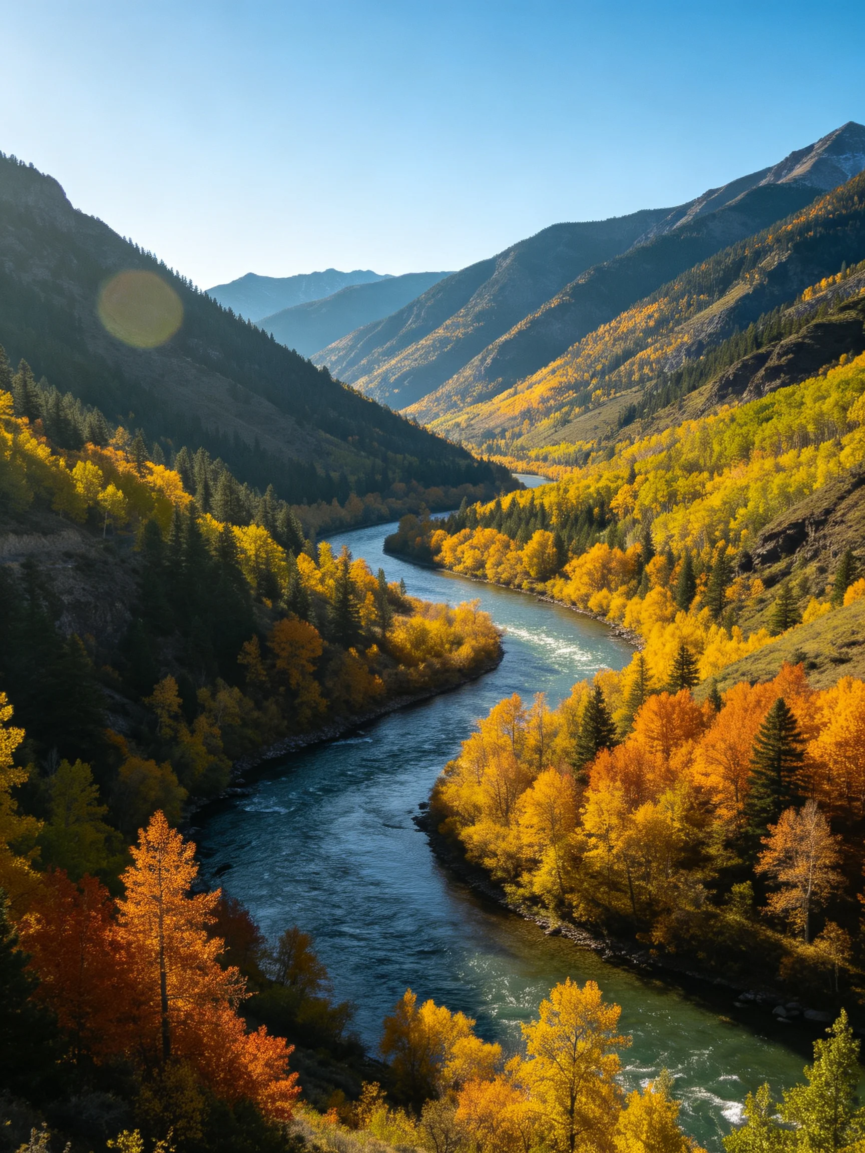 A winding river flows through a mountain valley with vibrant fall foliage